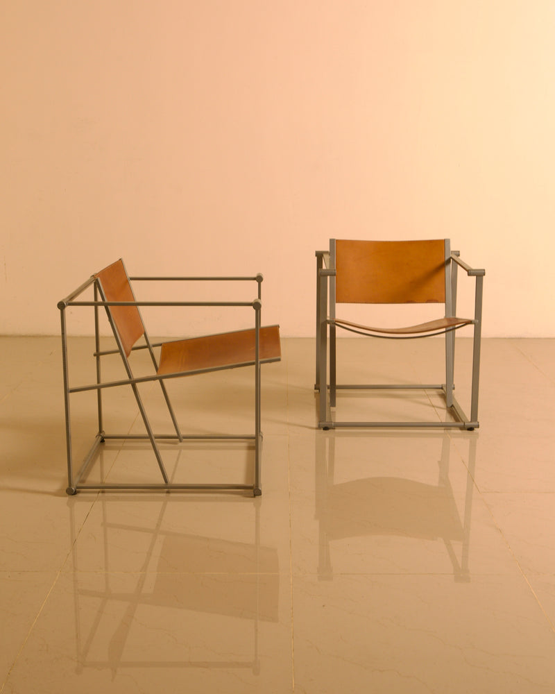 Pair of FM62 Armchairs by Radboud van Beekum for Pastoe, 1980s | The Oblist — metal frame, tan leather