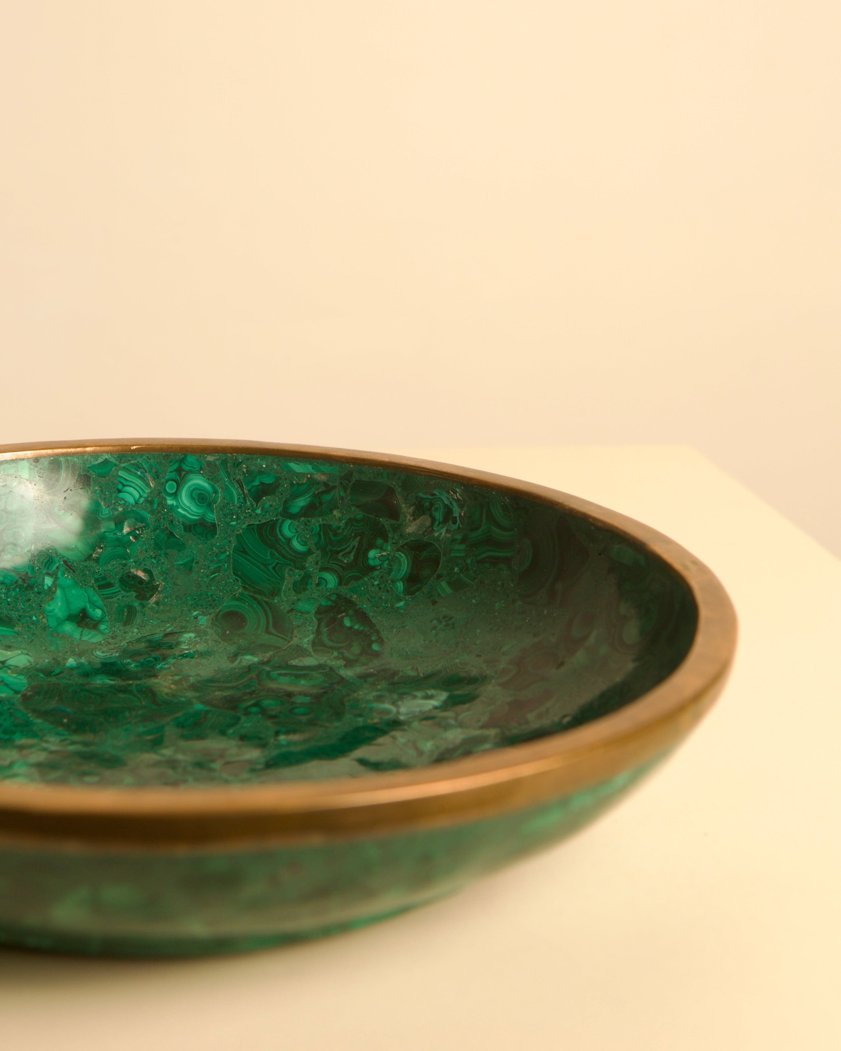 Large Italian malachite and brass bowl, 1960s — side angle