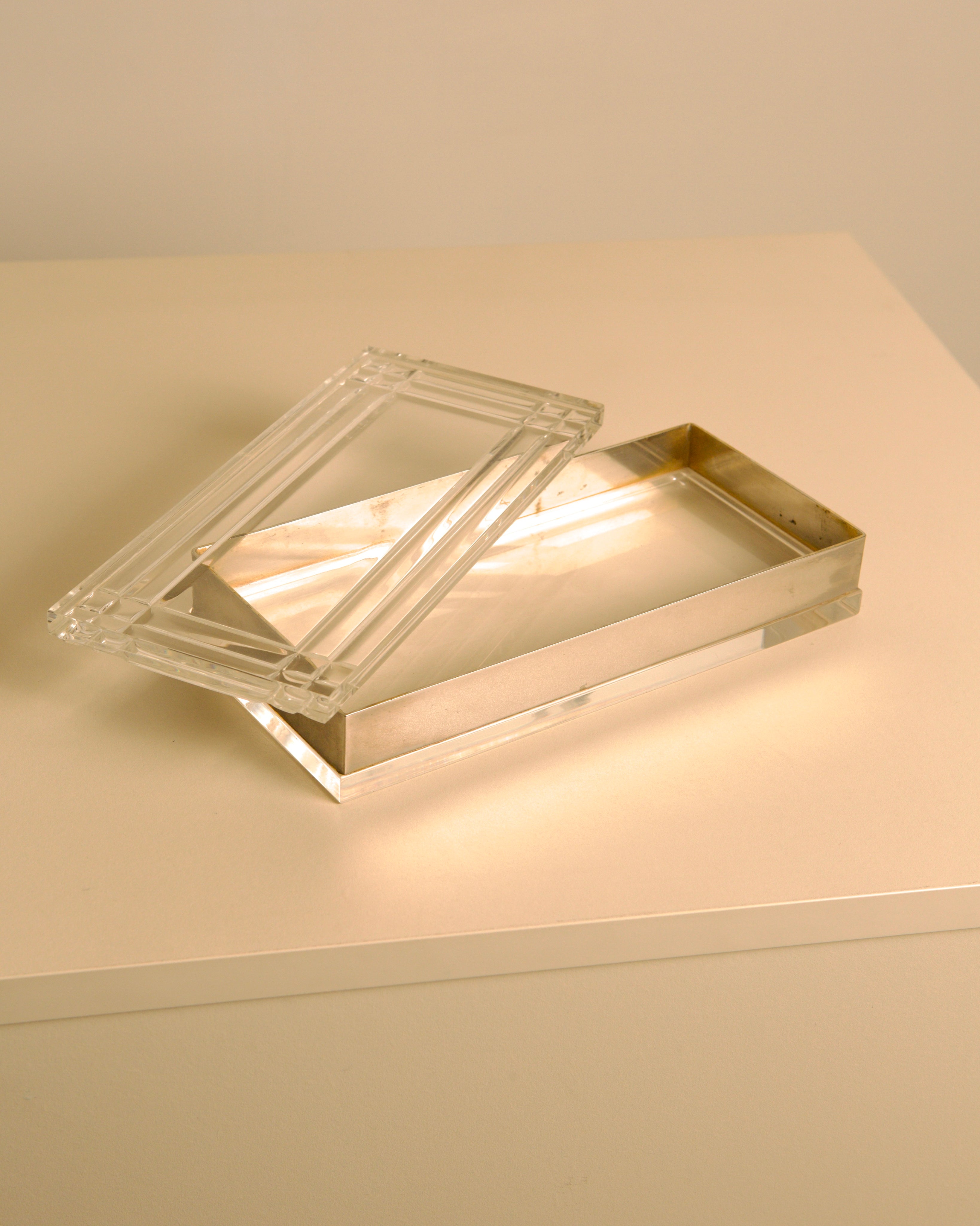 Large Rectangular Italian Silver and Plexiglass Box 70s — side angle showing open lid and reflective surface