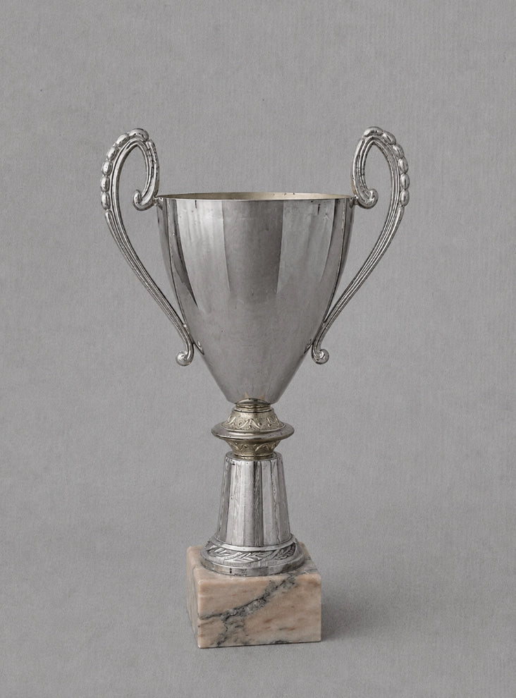 1950s Italian Vintage Metal & Marble Trophy Vase — detail view