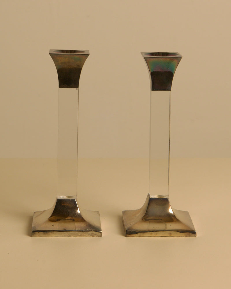 Pair of Italian Lucite and Silver Candleholders, 1960s — close-up of clear Lucite and silver base