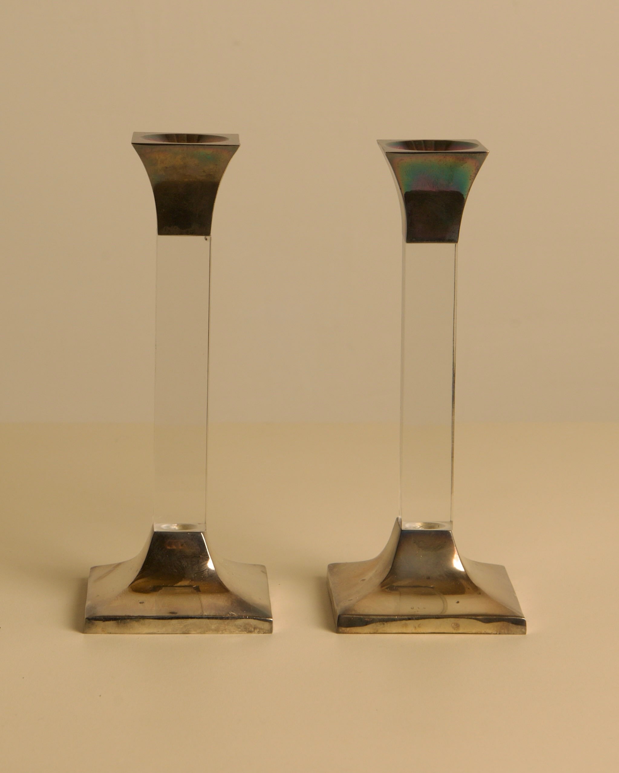 Pair of Italian Lucite and Silver Candleholders, 1960s