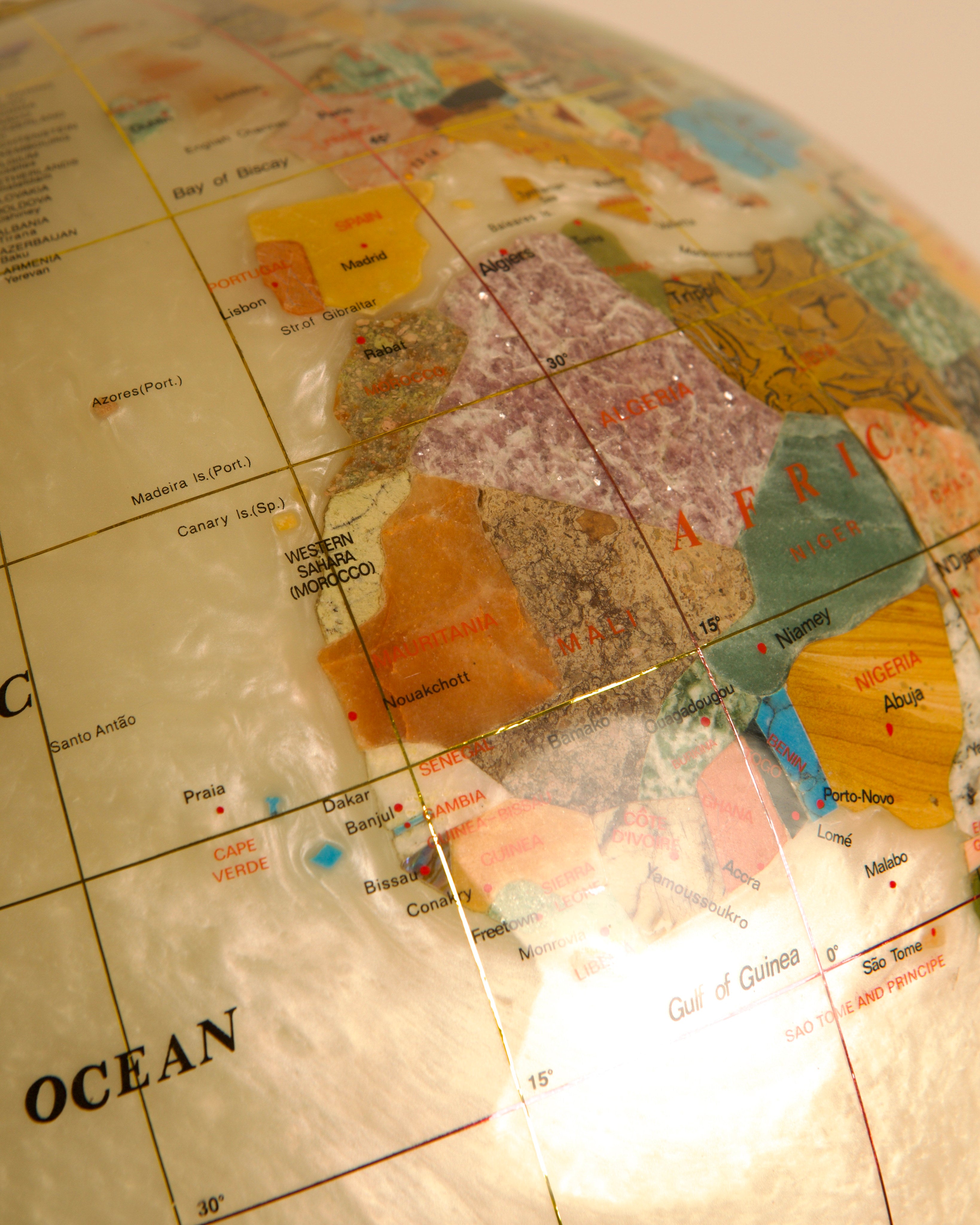 Large Globe Made of Hardstone and Mother-of-pearl, 1970s — back view highlighting detailed map of Africa