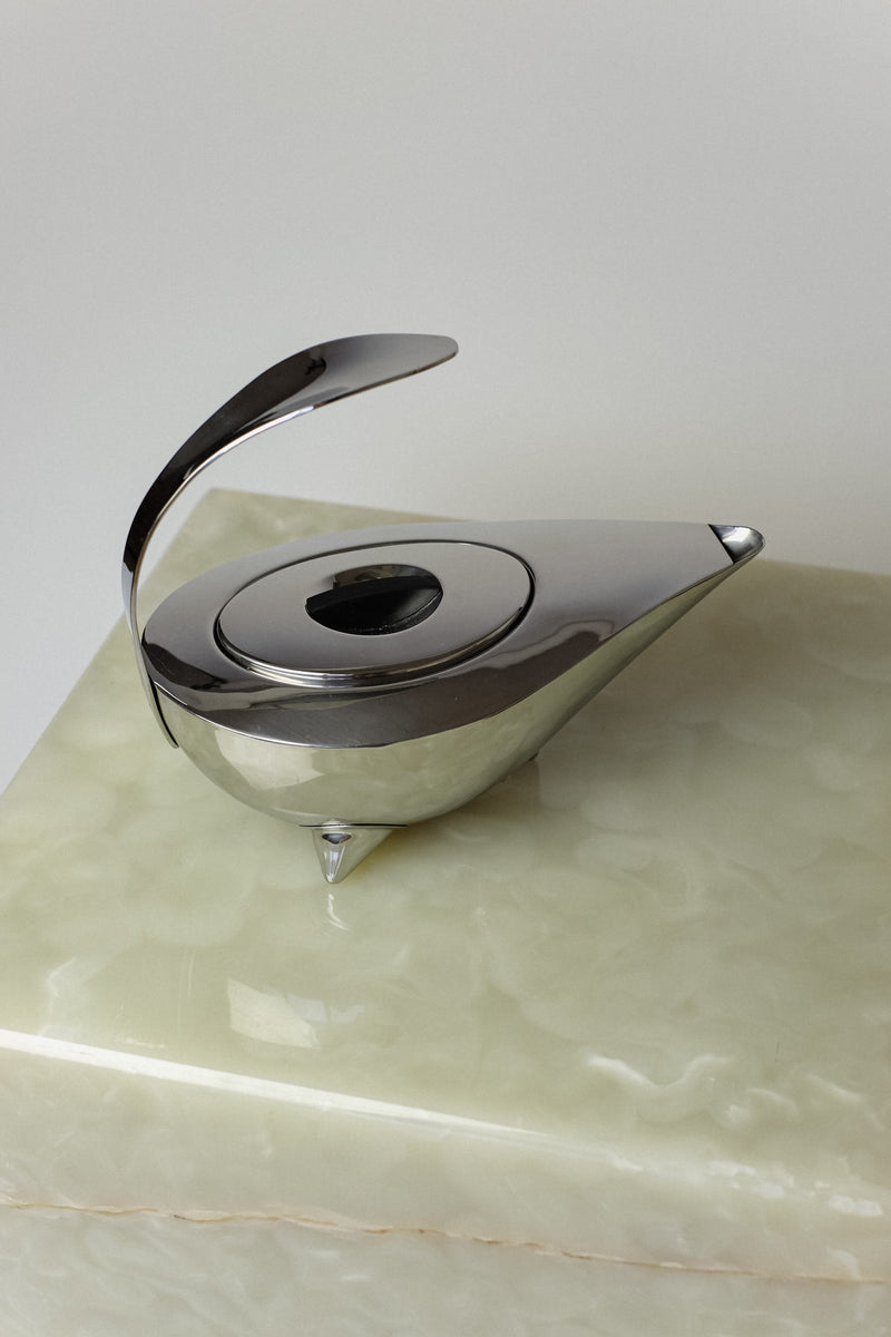 Post Modern 1980s 'Naoko' Teapot — close-up of polished metal spout
