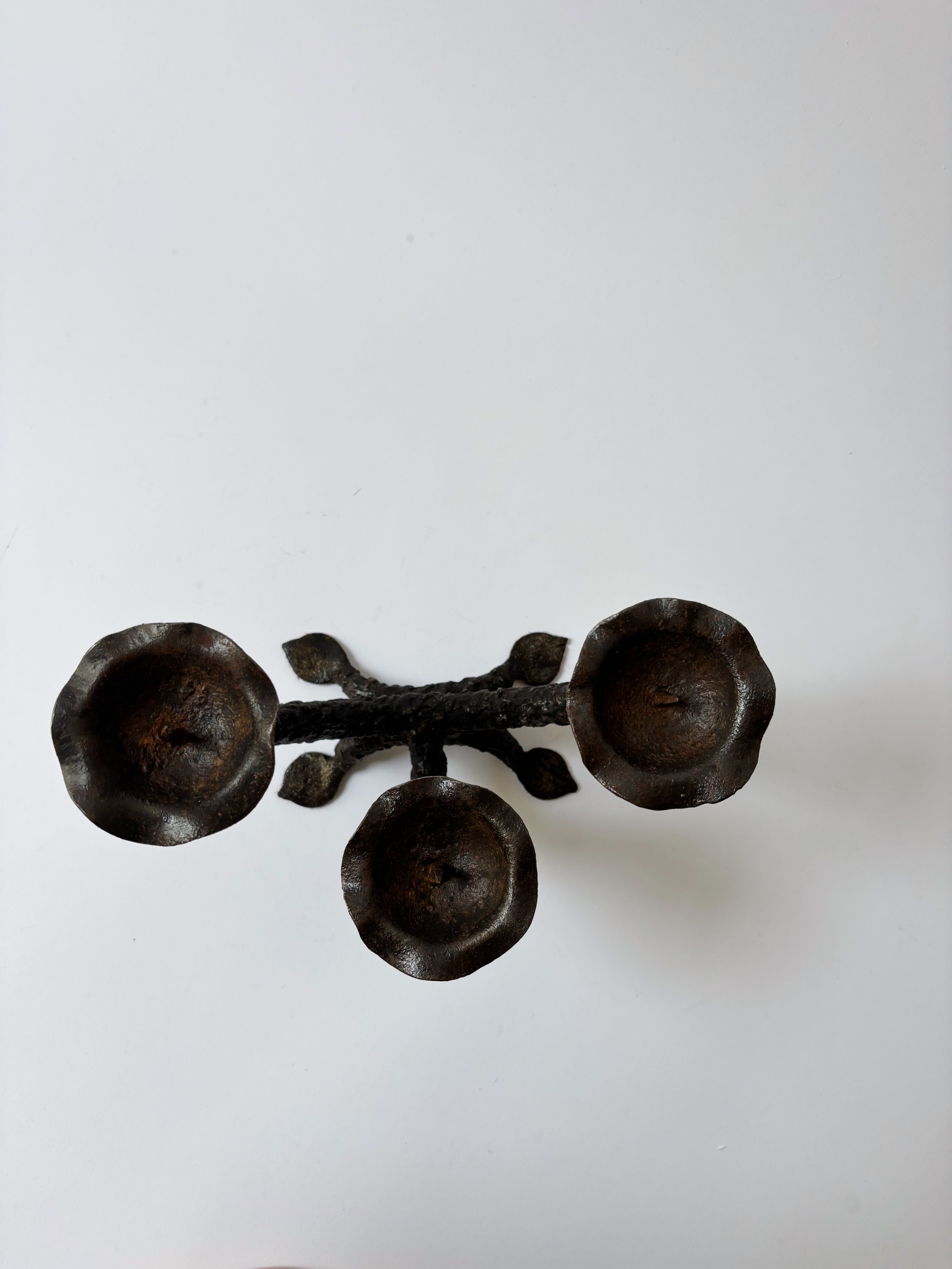 Metal Textured Artisan Candlestick, Poland — top view of three candle holders