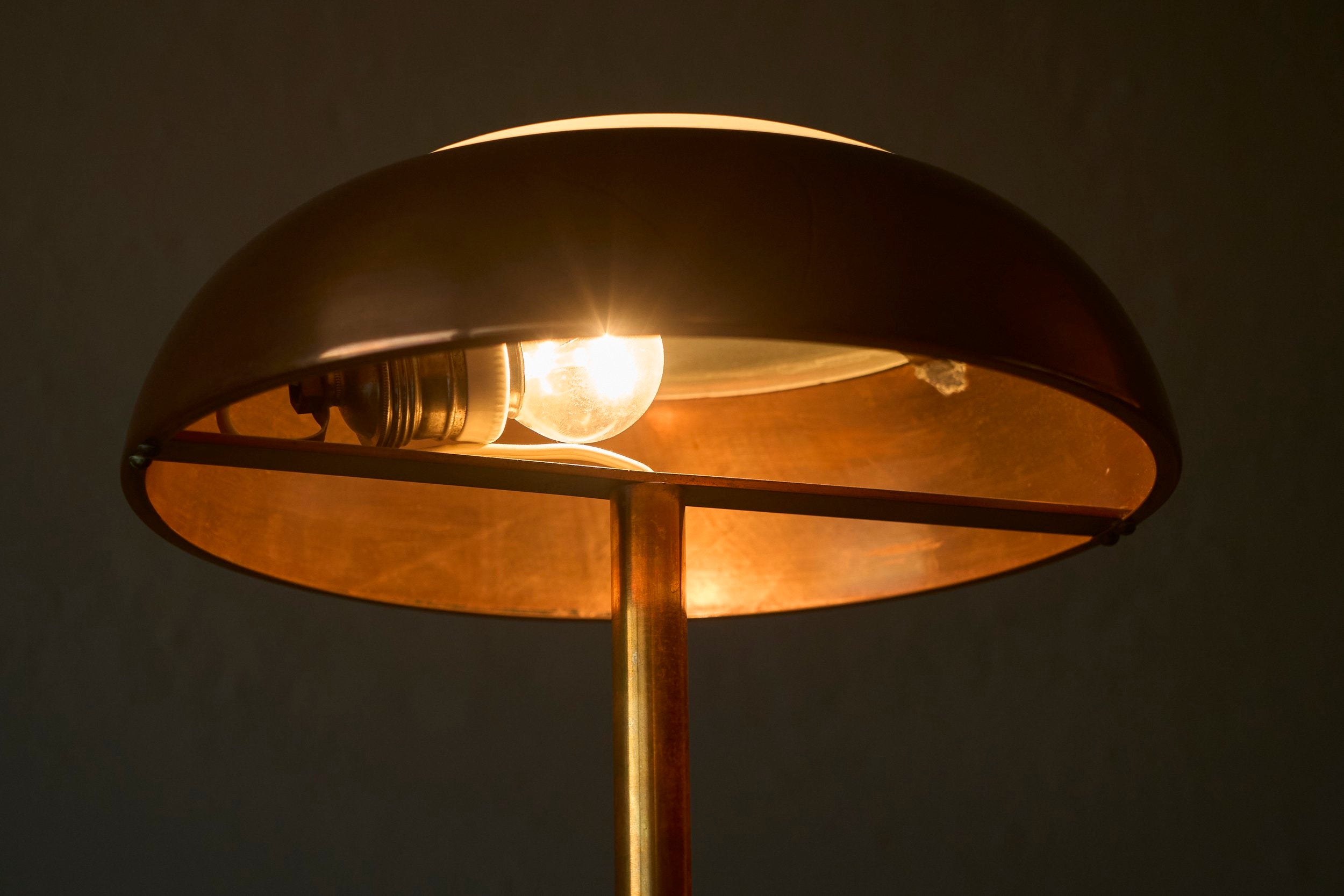 Art Deco Table Lamp in Patinated Copper, Brass and Satin Glass 1950s — side angle