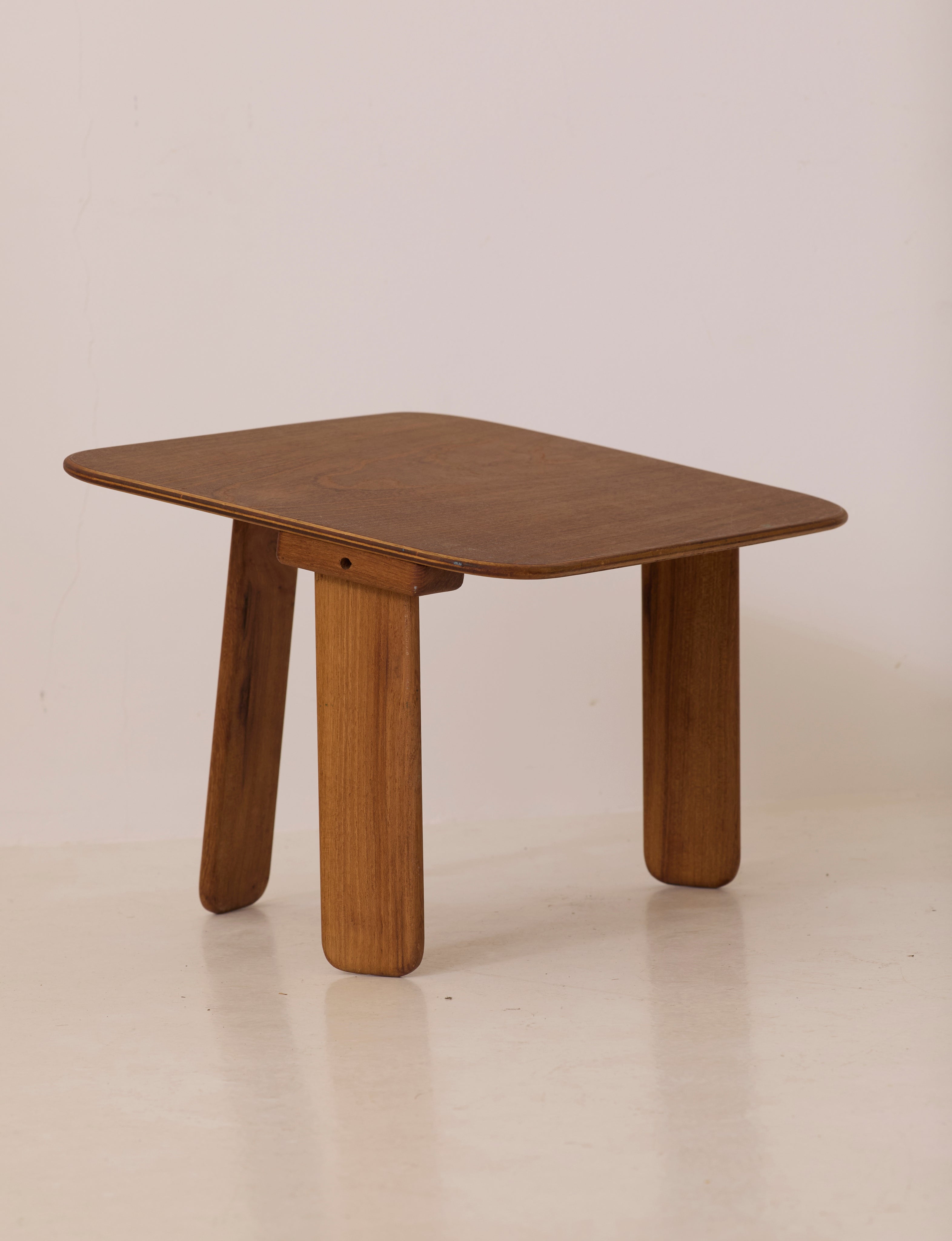 Small dismountable wooden meditation table by Alain Gaubert, France circa 1980 — top view showing warm wood grain finish