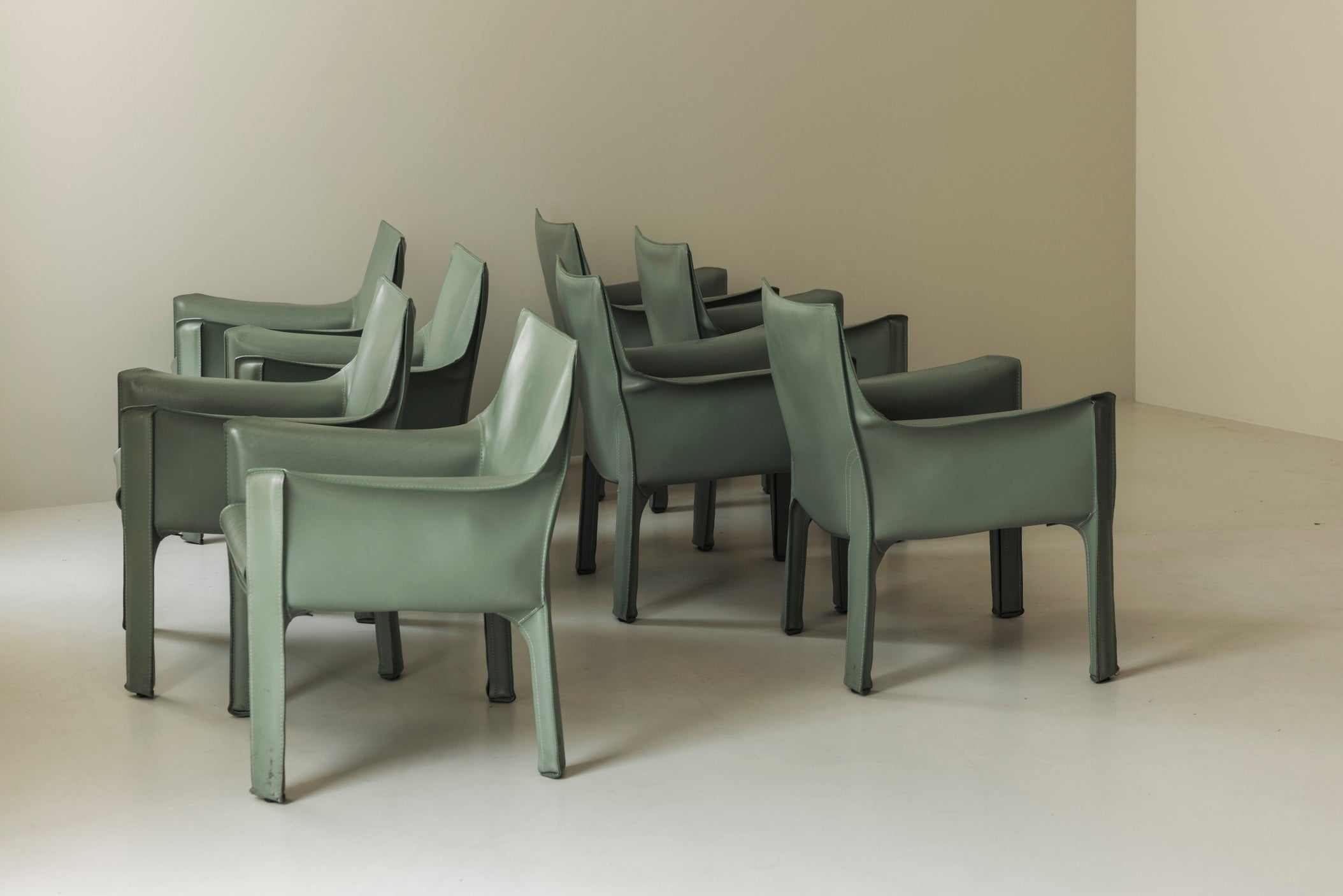 Rare Set of 8 CAB 414 Armchairs by Mario Bellini for Cassina – Sage Green Saddle Leather by Modern Living