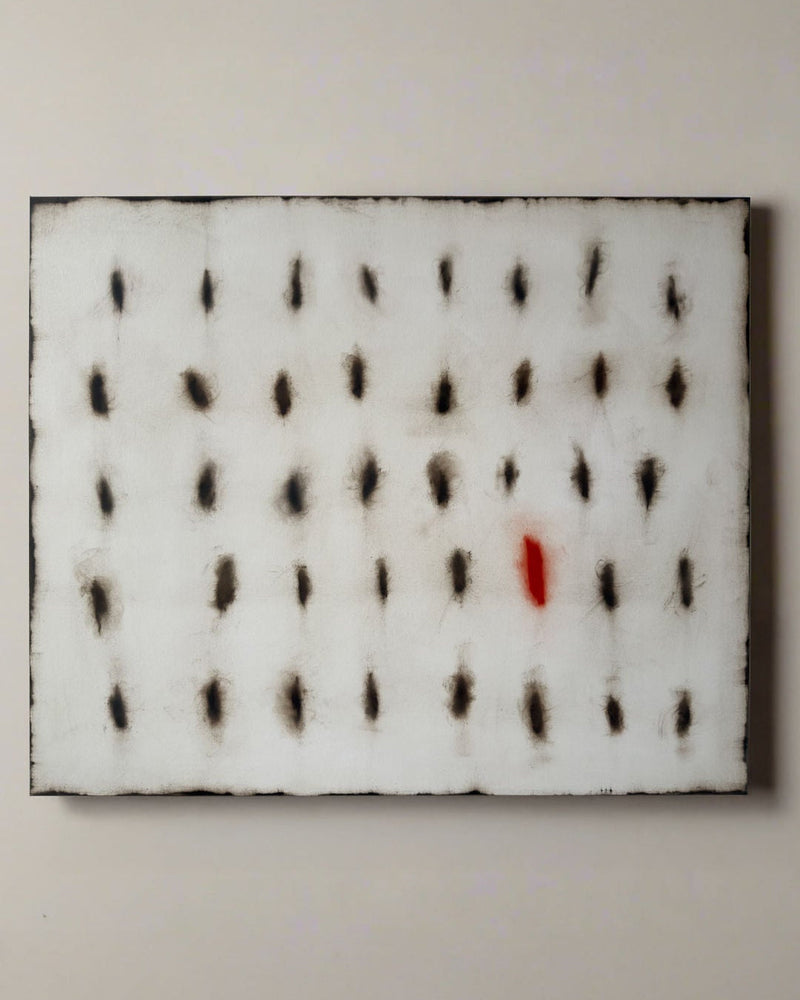 Abstract oil painting with grid pattern of dark oval marks and single red accent