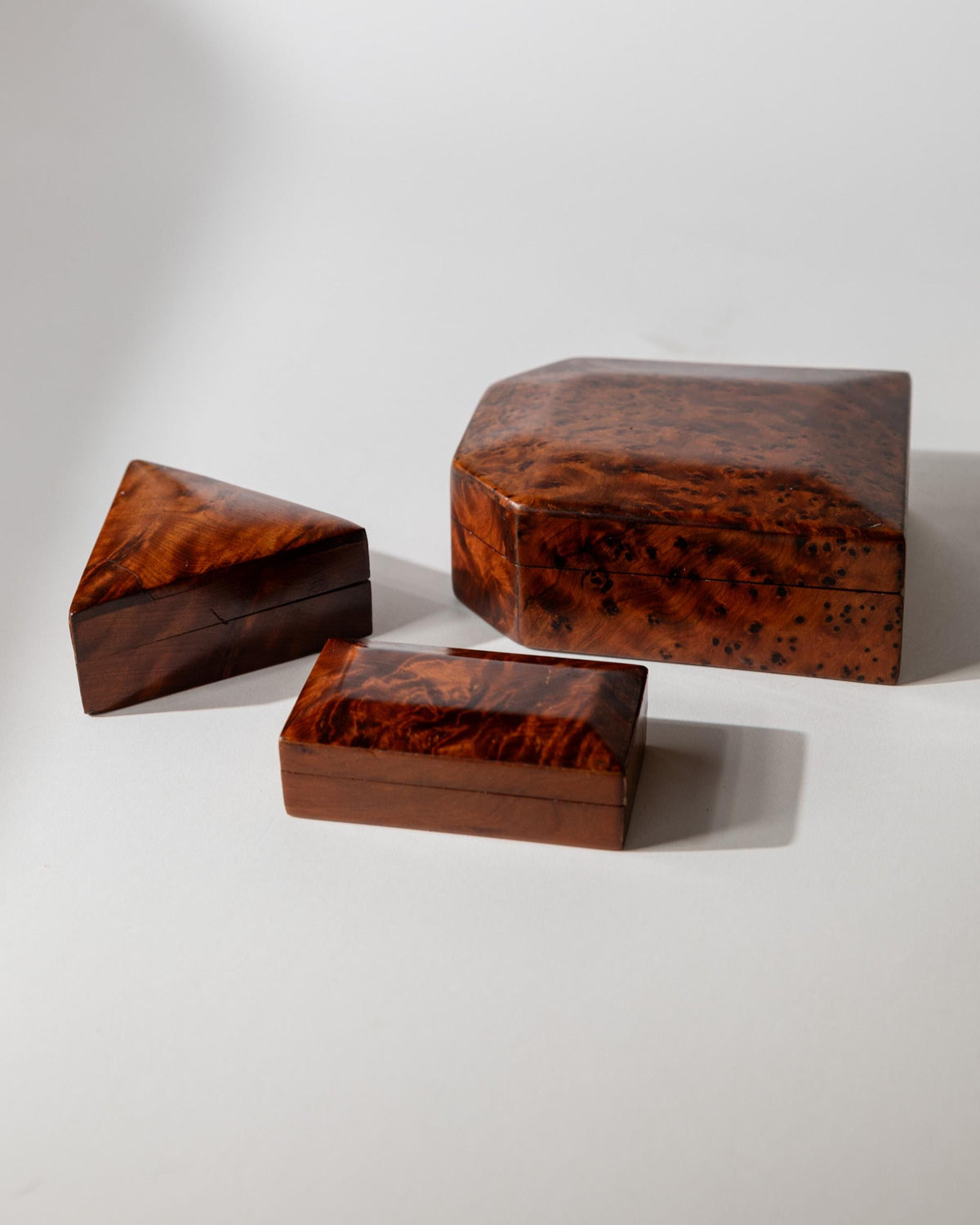 Vintage 1970s Burl Wood Desk Set of 3 Boxes, Different Sculptural Shapes, Mid Century Wooden Storage, Elegant Office Accessories, Gift Idea — view 10