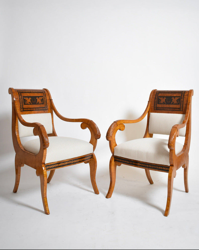 Pair of Etruscan Armchairs, XIXth c. by Barracuda Interiors | The Oblist — handcrafted wood, striped upholstery