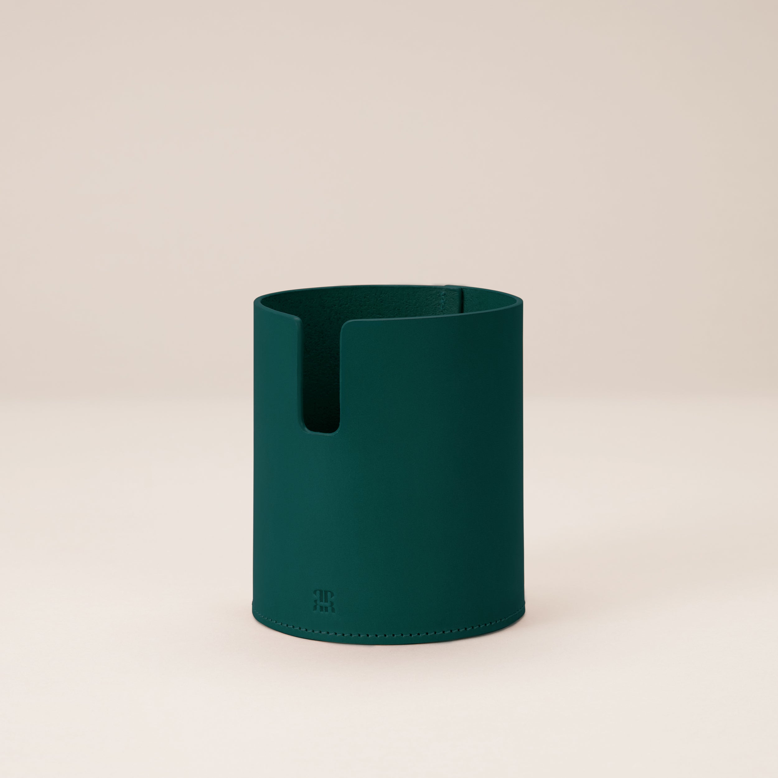 Leather Desk Gift Set — green leather pen holder on neutral background