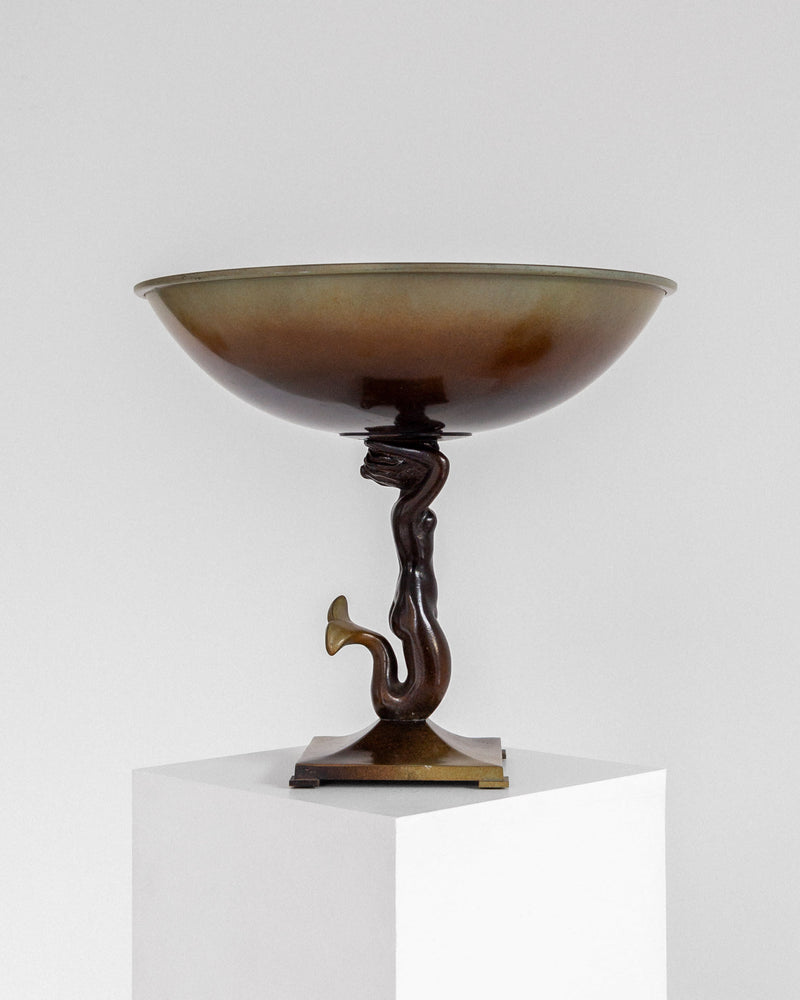 Art Deco bronze bowl with sculptural mermaid stem centerpiece