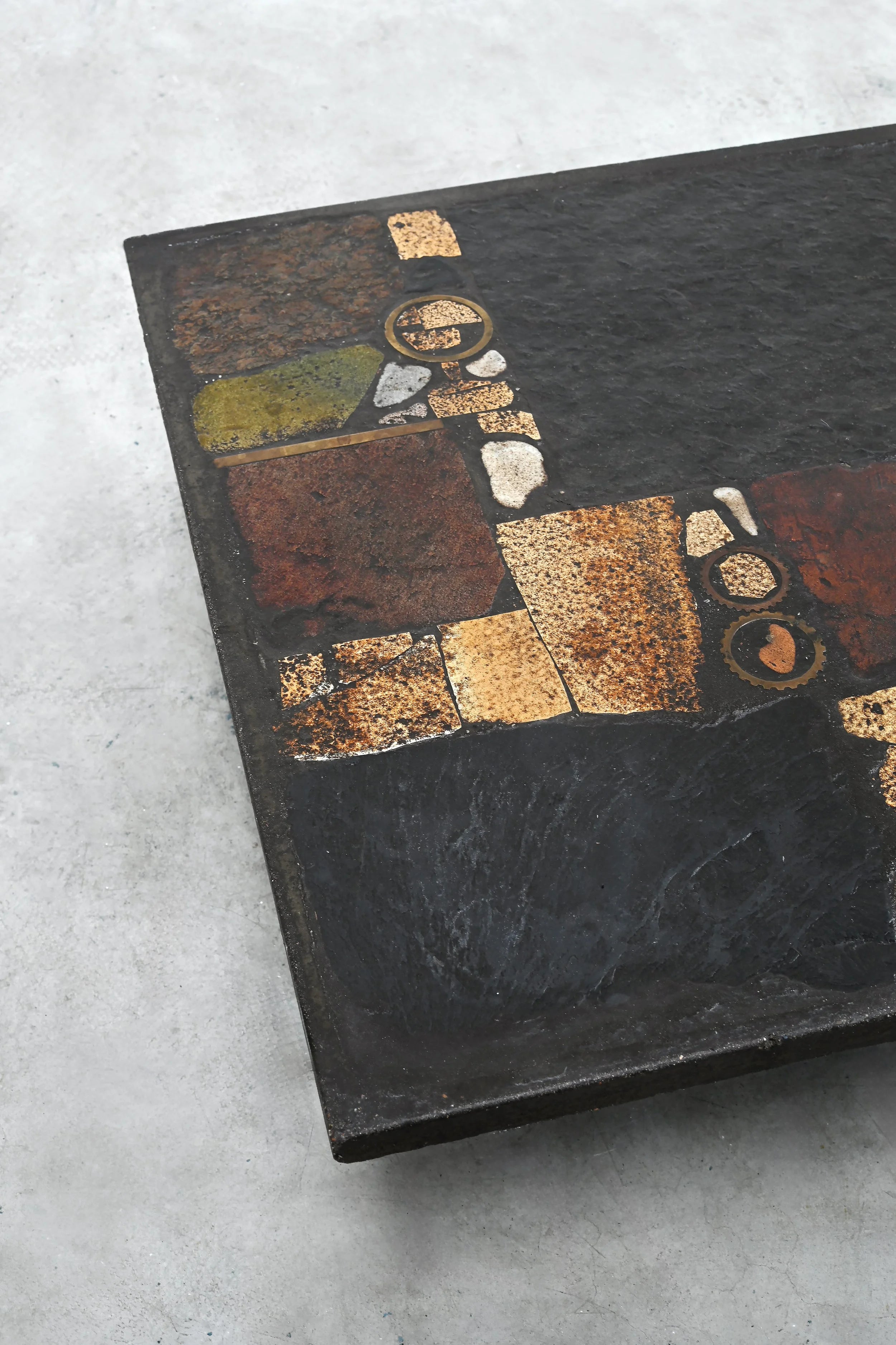 Paul Kingma Slate, Stone, and Brass Inlaid Coffee Table, 1970's — close-up
