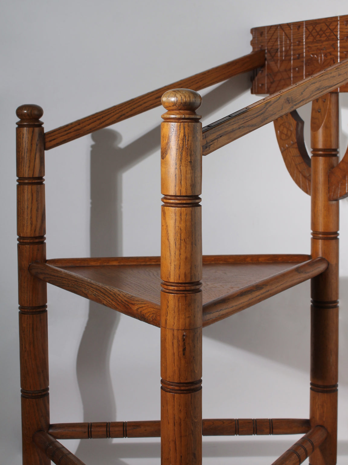 Swedish Carved Oak Monk Chair — close-up of oak armrest details