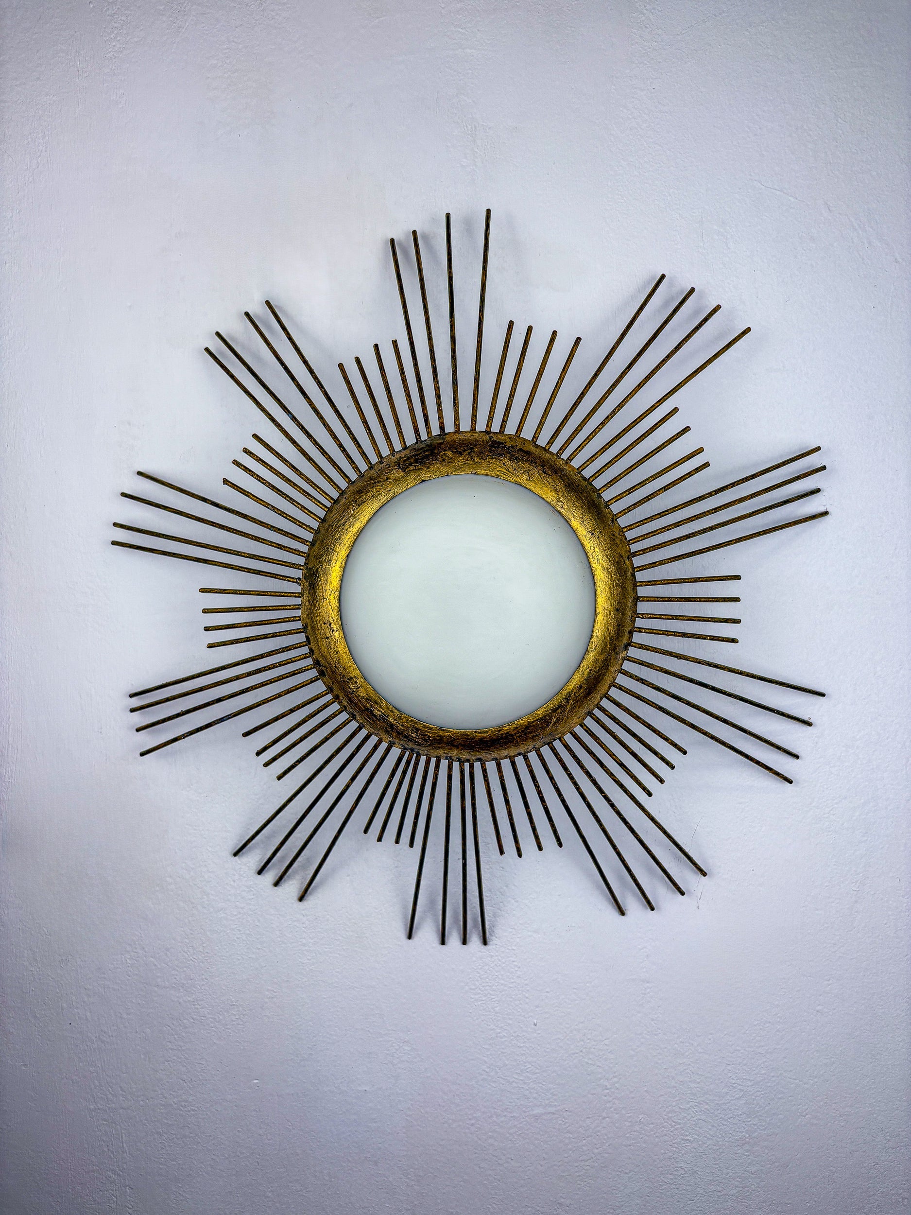 Large Sunburst Brutalist Ceiling Flush Mount or Pendant – Gilt Iron Rays & Opaline, France, 1950s by Malamar Studio