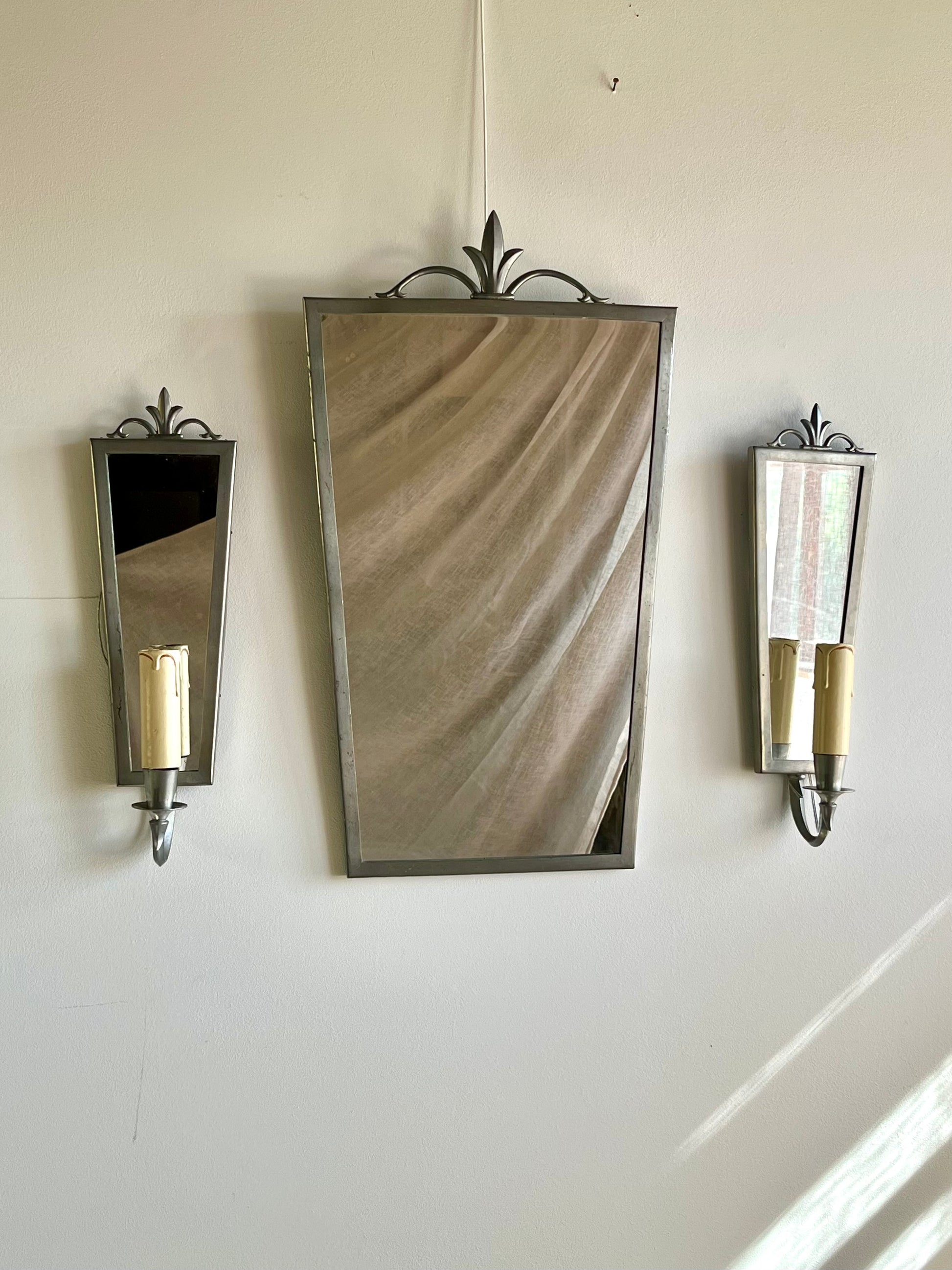 Swedish Grace Pewter Mirror & Sconce Set by Svenskt Tenn, 1931 by Maud Vaughan | The Oblist