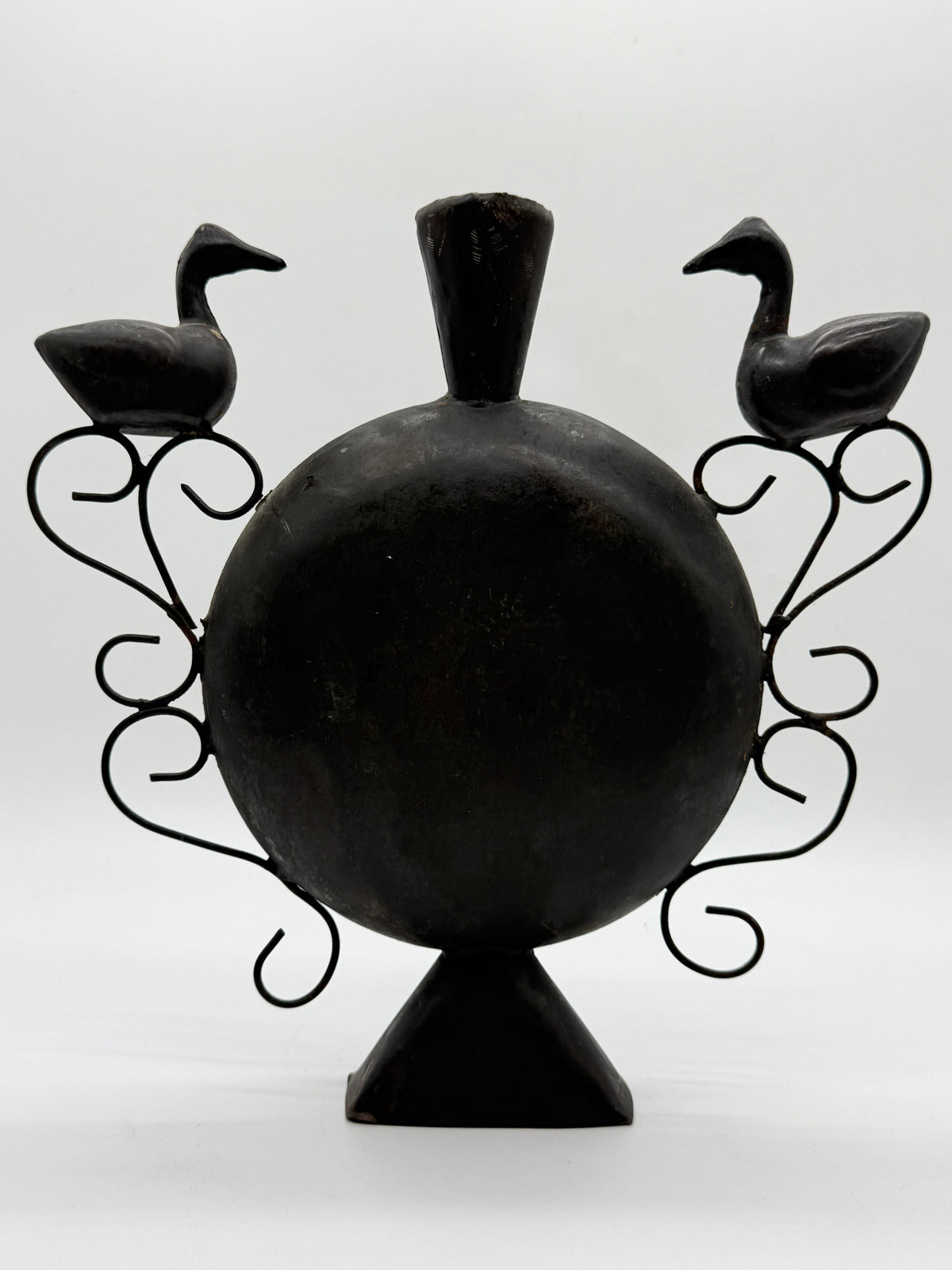 Bird-Motif Wrought Metal Vase, Handcrafted, 1960s — side angle