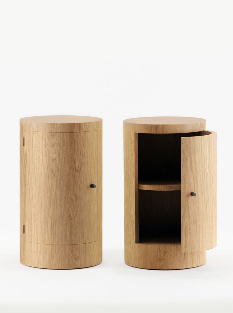 Pair of Constant Nightstand in Oiled Oak — close-up of round shape and wood grain