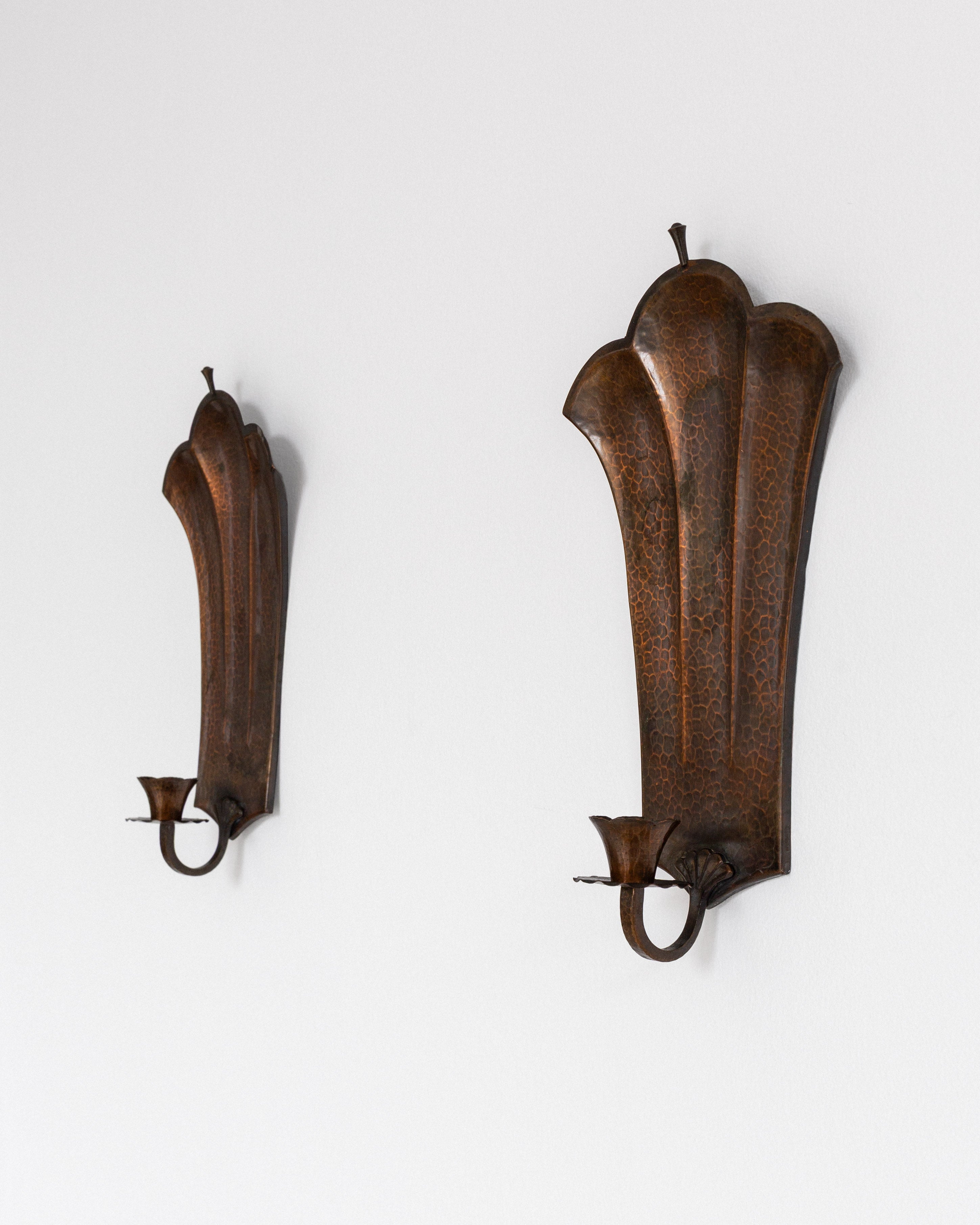 Pair of Swedish Art Deco Copper Wall Sconces, 1930s — side angle showing textured copper finish