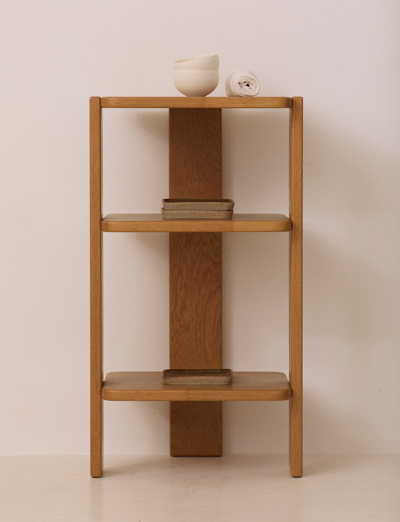 French Artisanal Shelf in Solid Oak c. 1980 — front view with minimalist decor