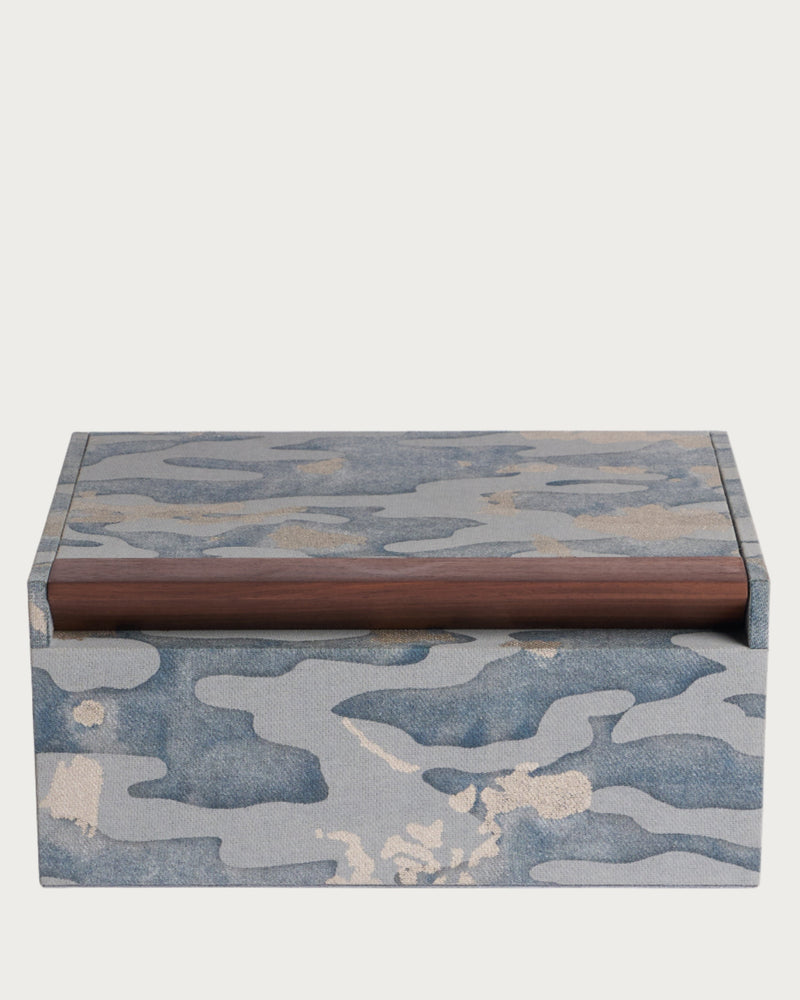 Fortuny Box - Camo Isole/Faded Blue by Lobjet | The Oblist — handcrafted fabric box, blue and beige
