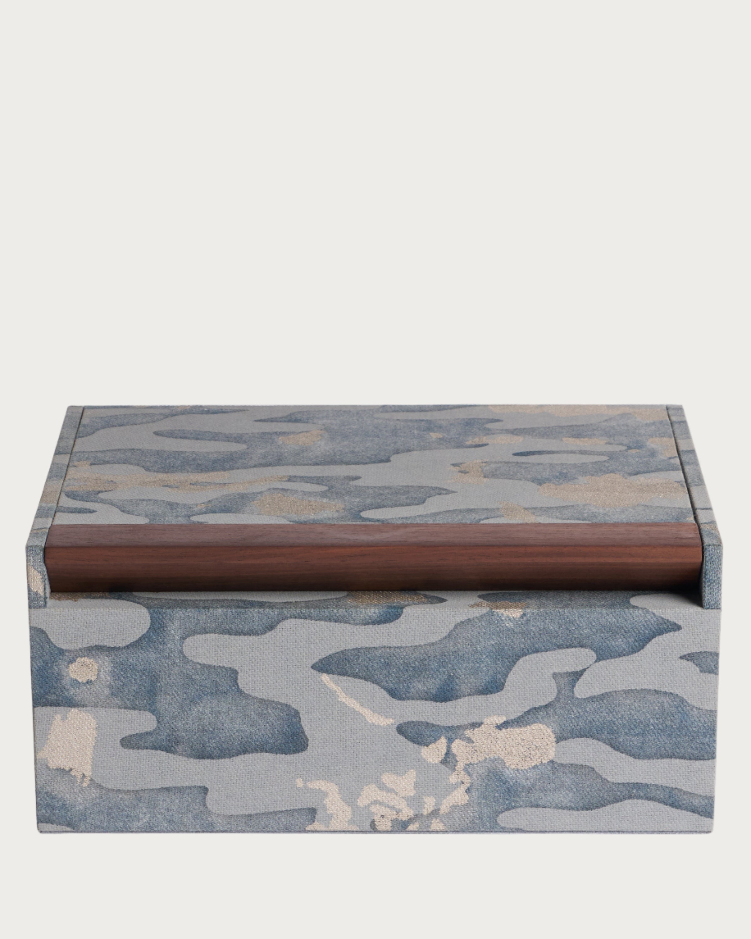 Fortuny Box - Camo Isole/Faded Blue by Lobjet | The Oblist — handcrafted fabric box, blue and beige