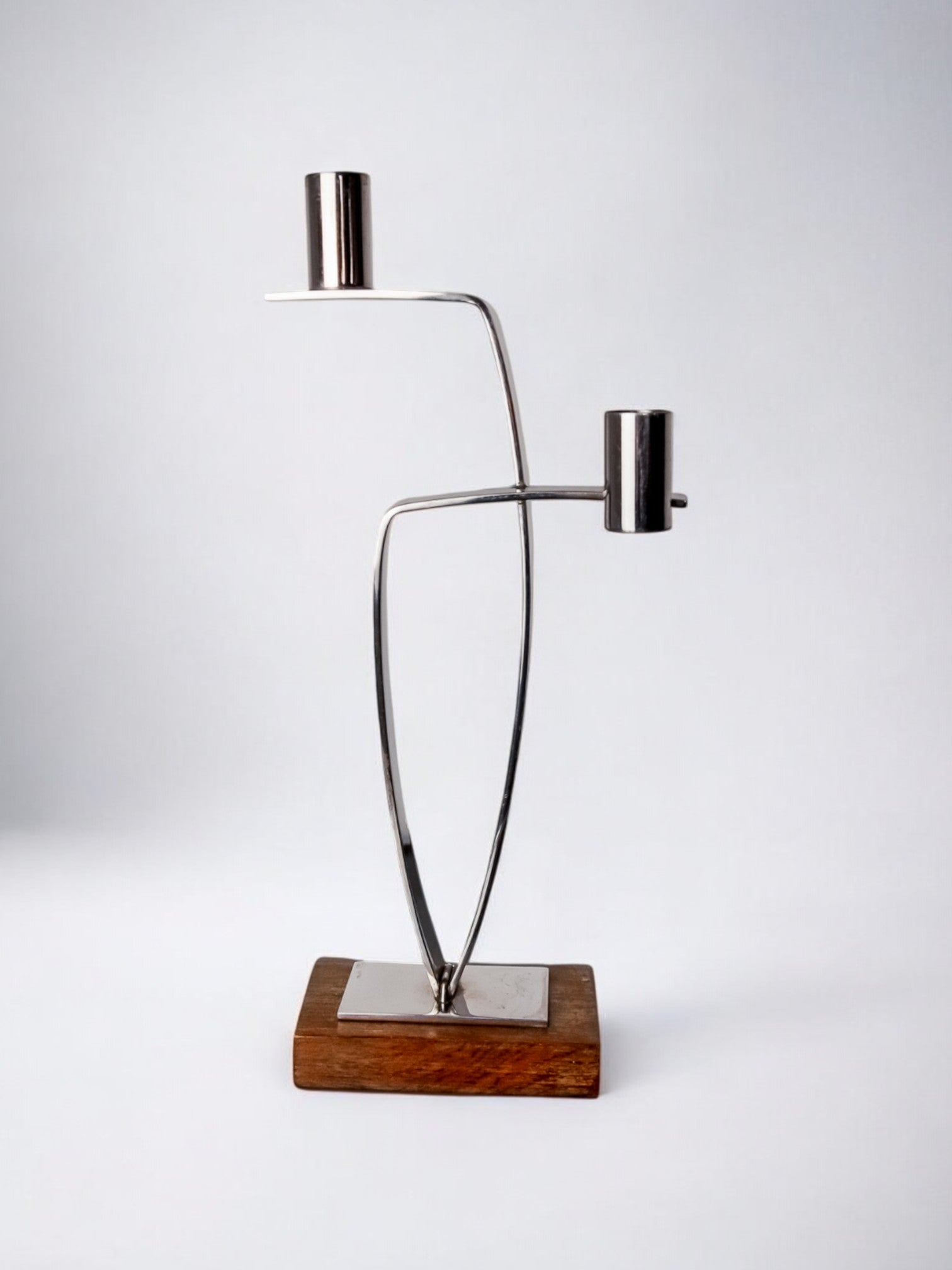 Candlestick in stainless steel and rosewood, 2 flames, Denmark, 1970's — side angle