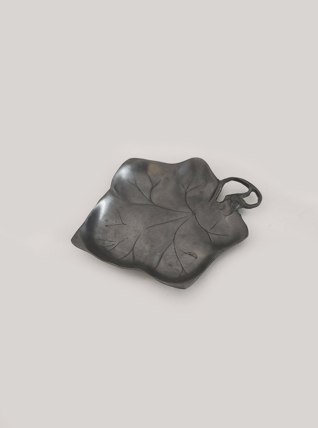 Pewter Leaf Vide Poche — side angle showing textured surface