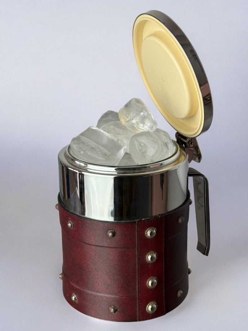 Regenc Ice Bucket, Italy, 1970s — close-up of chrome lid and leather body