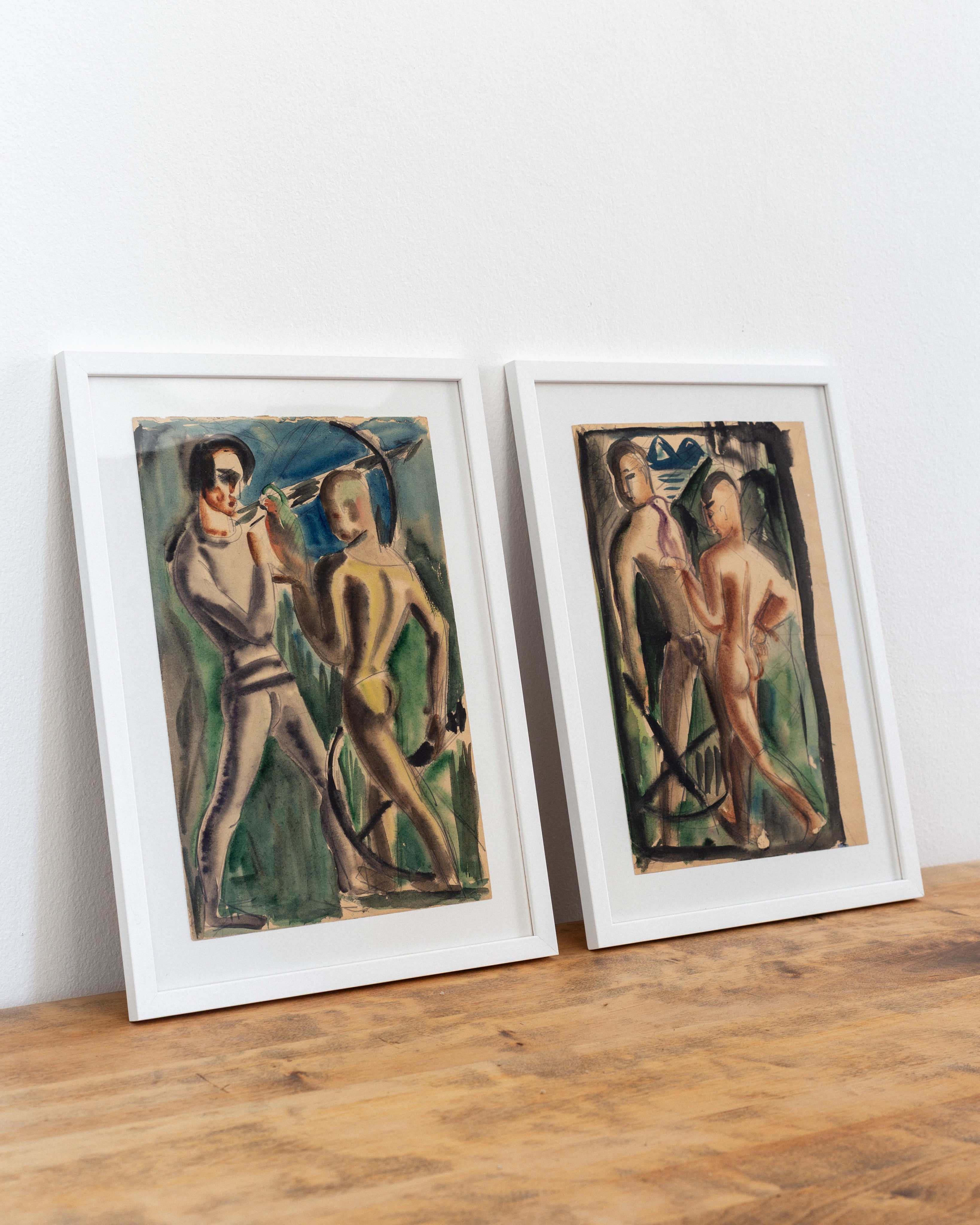 Pair of Watercolour Paintings, Attributed Brita Nordencreutz, Sweden, 1920s–40s — side angle on wooden table with light backg