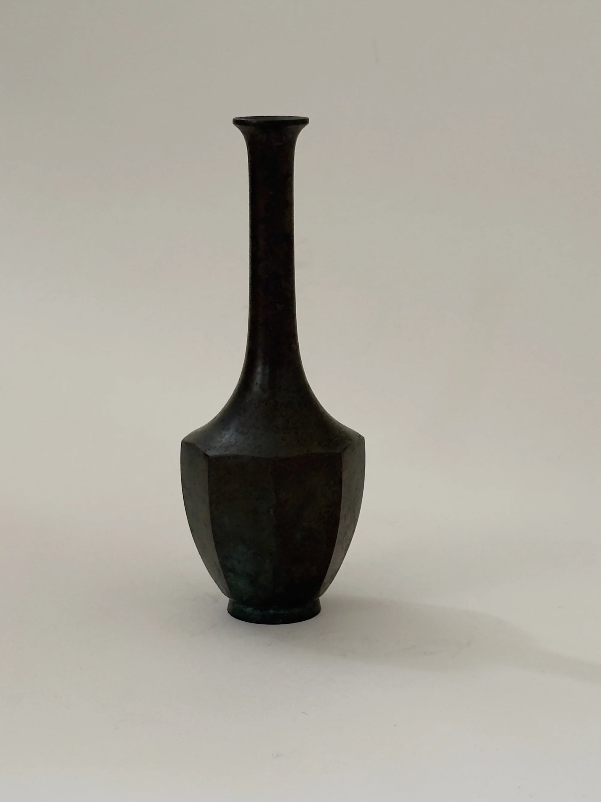 Rare Japanese Hexagonal Bronze Vase — back view highlighting dark patina finish