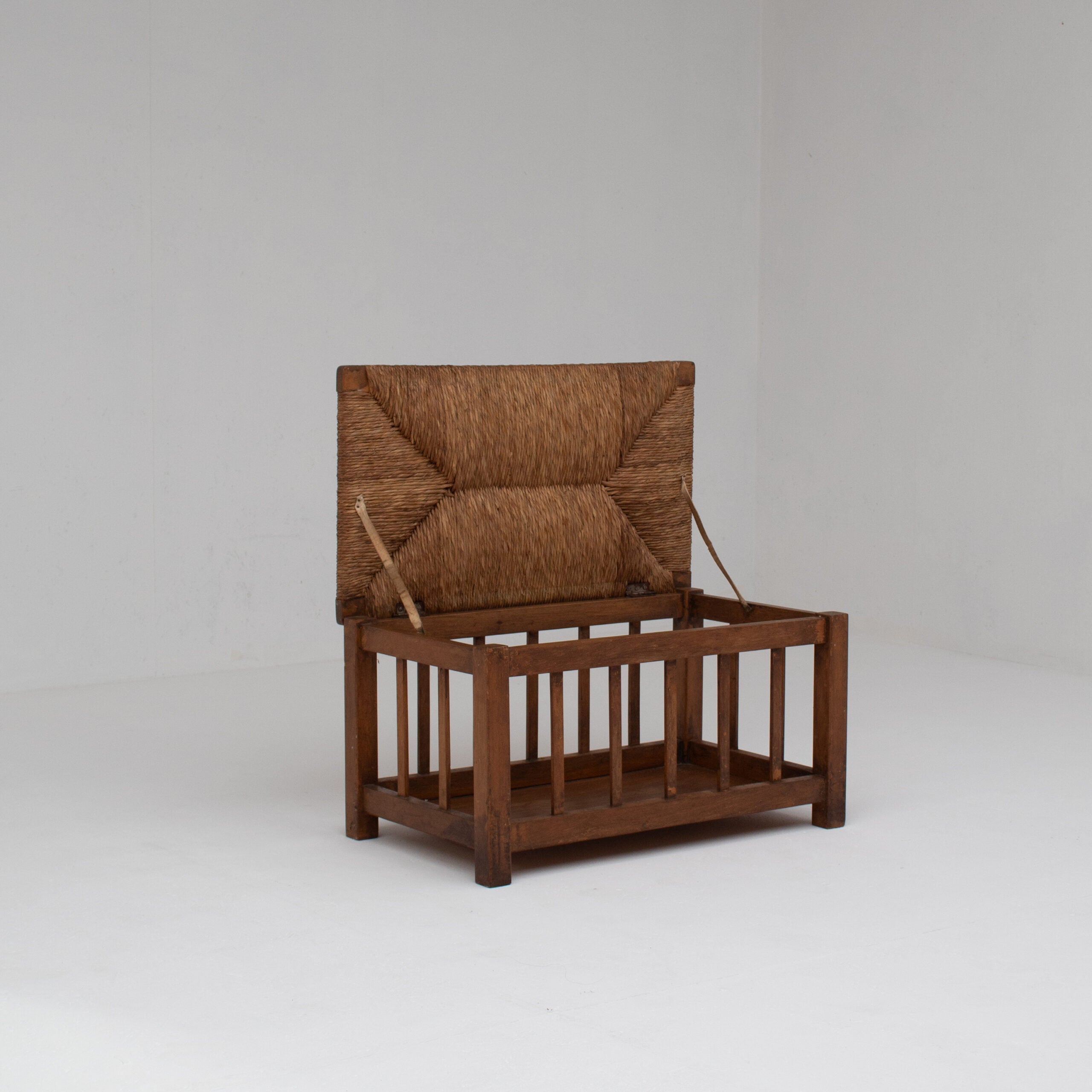 French Oak Storage Bench with Woven Rush Seat — detail view