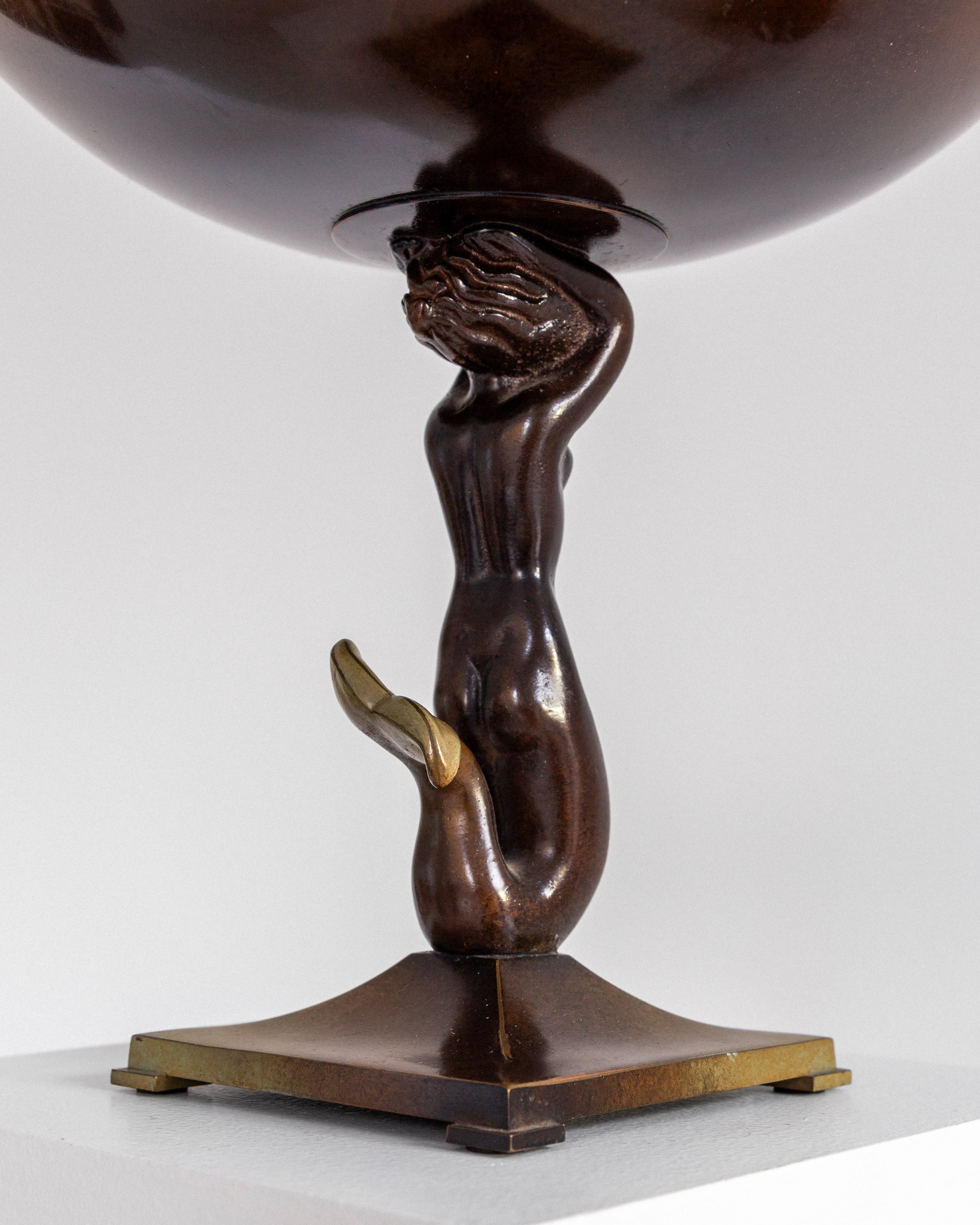 Centerpiece Art Deco Bronze Bowl on Foot with Mermaid