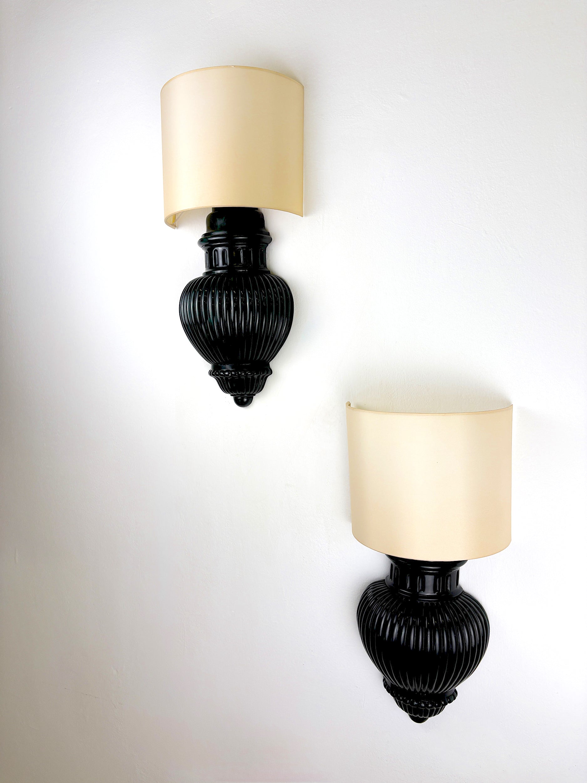 Pair of Art Deco Wall Lights with Shades in Glazed Cast Ceramic, Italy, 1970s — side angle