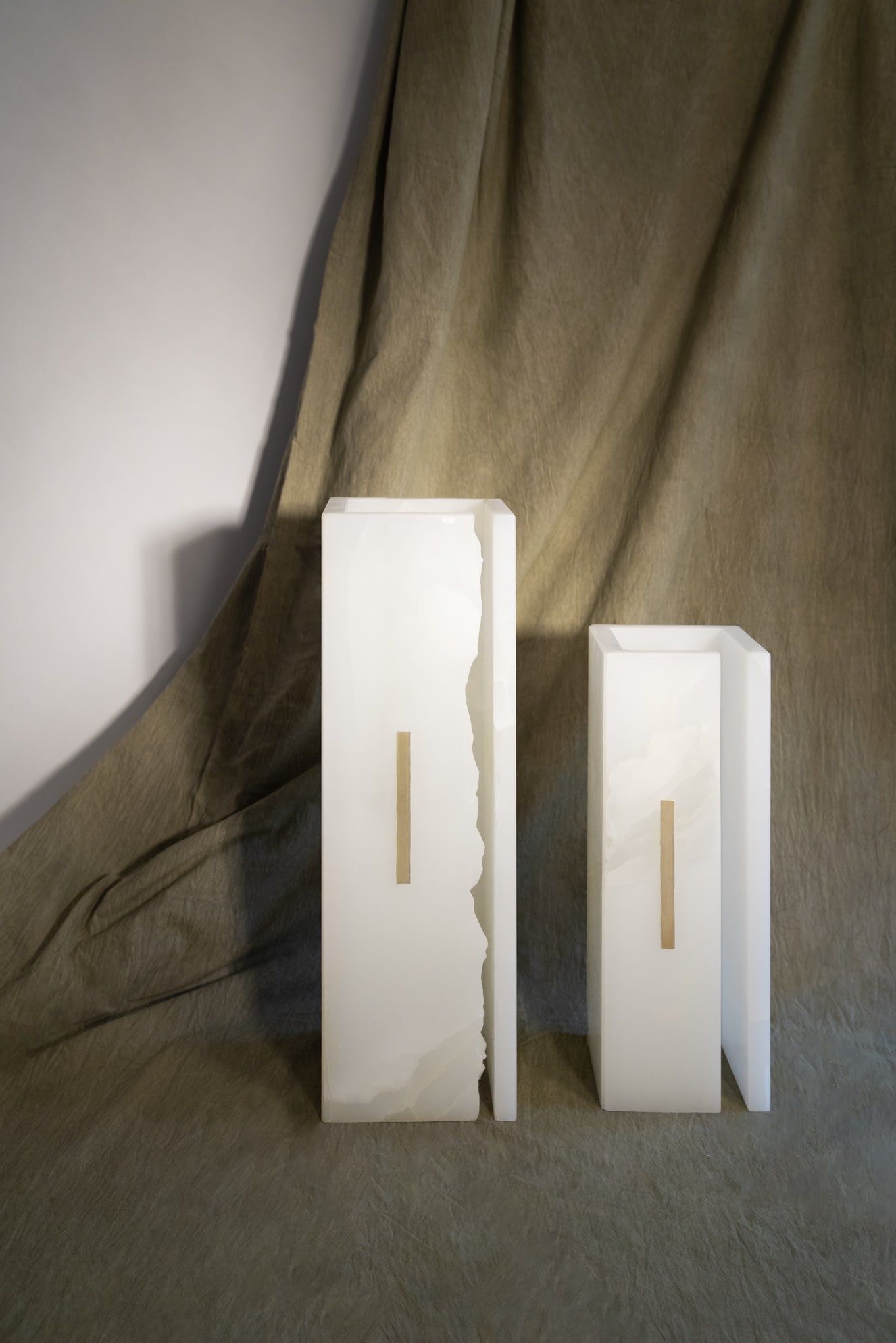 03C PURE WHITE ONIX Collectible Lighting in Stone and Onyx — top view of onyx lamps with brass accents