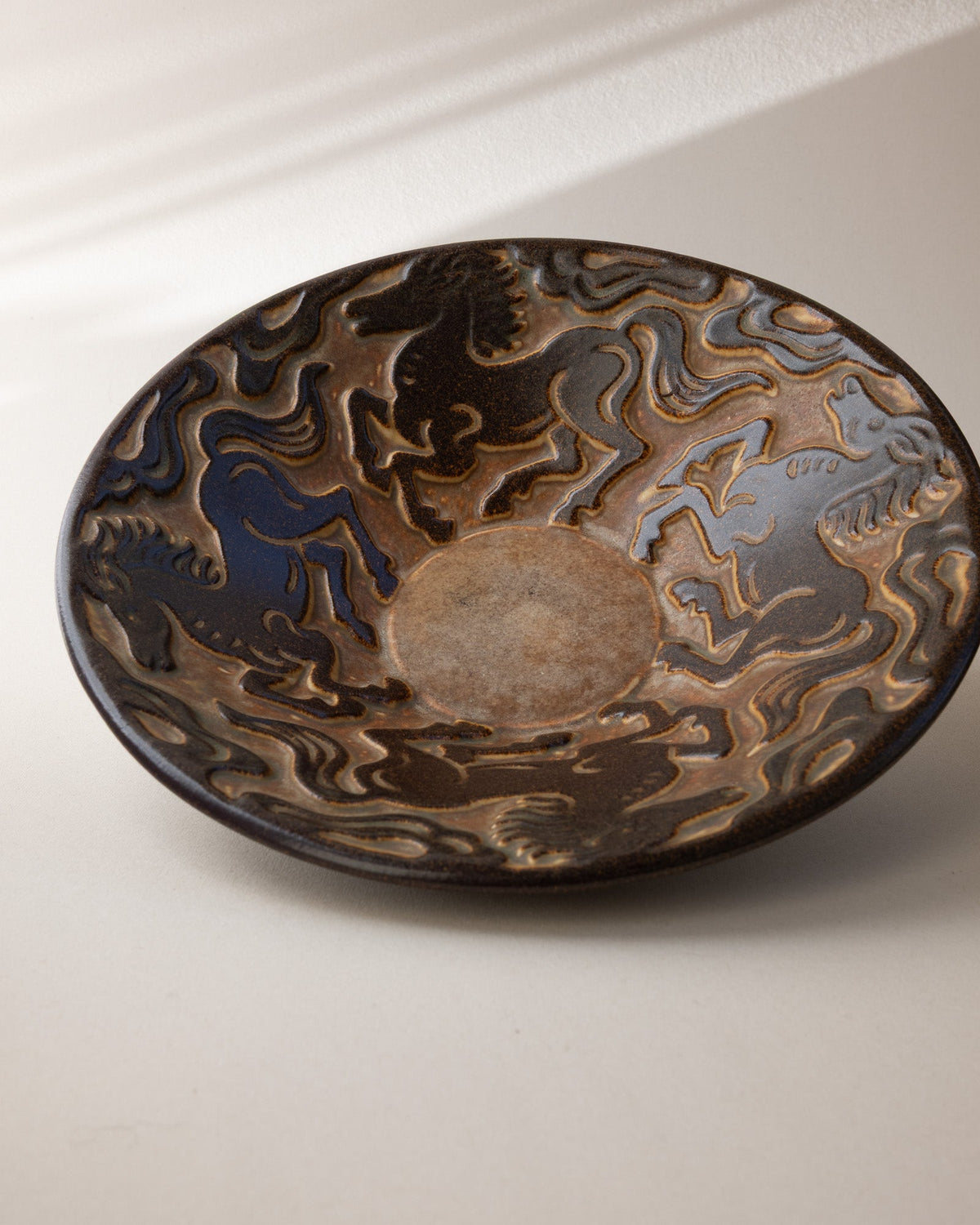 Marianne Starck for Michael Andersen & Søn Stoneware Bowl with Galloping Horses (c. 1960s) — side angle