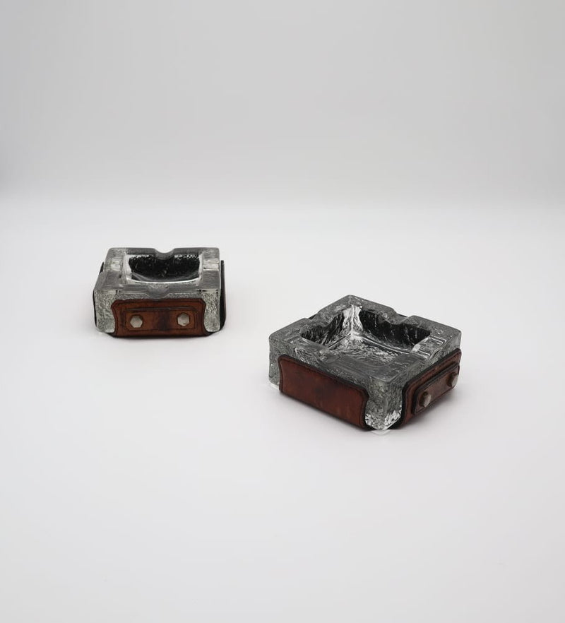 Vintage Mid-Century Ice Glass & Leather Ashtrays, 1970s — Set of 2  by Forma Finds | The Oblist