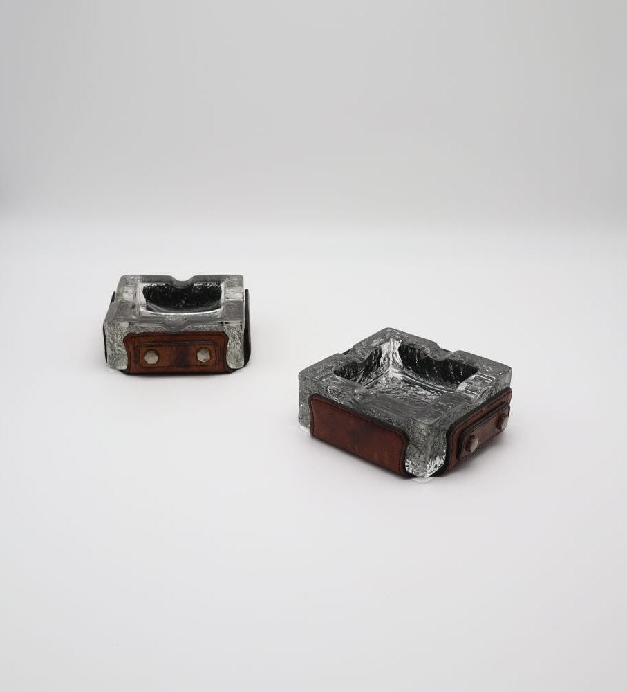 Vintage Mid-Century Ice Glass & Leather Ashtrays, 1970s — Set of 2  by Forma Finds | The Oblist