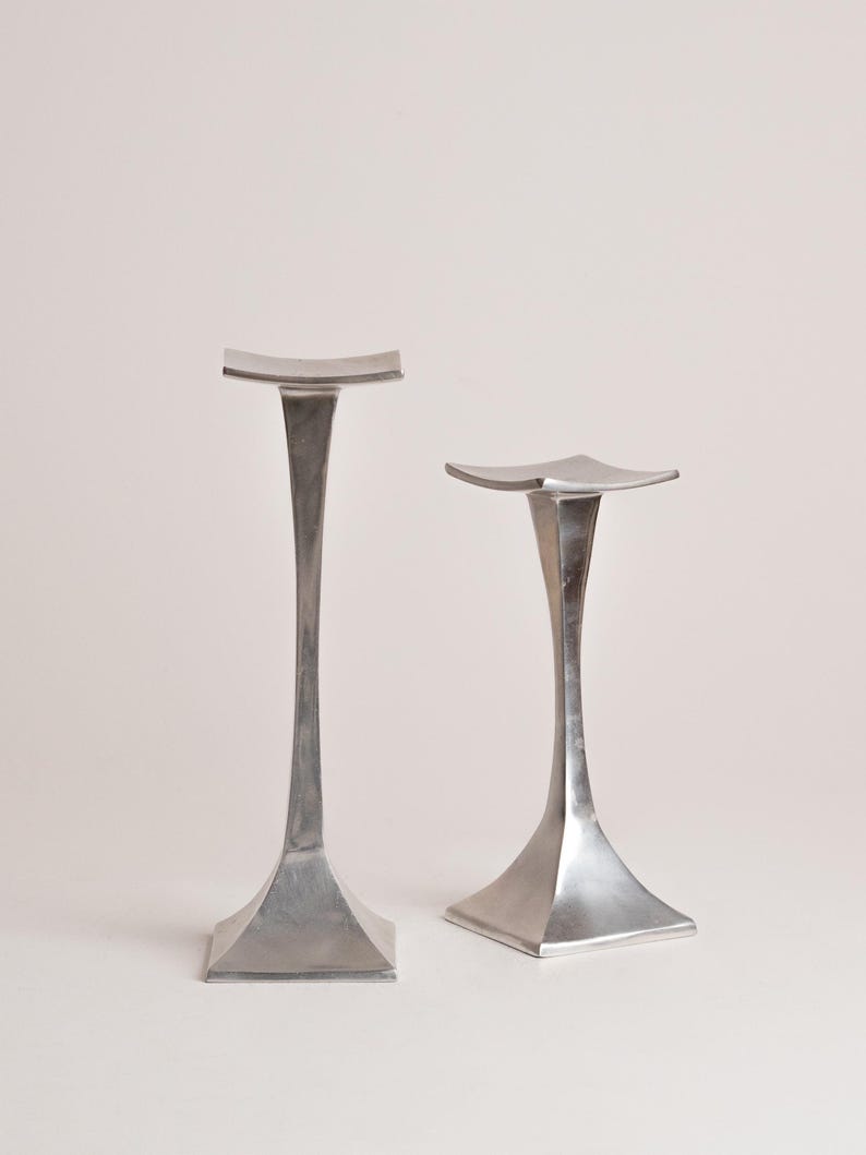 Vintage Pair of Aluminum Candle Holders – Space Age Design, 1980s — side angle
