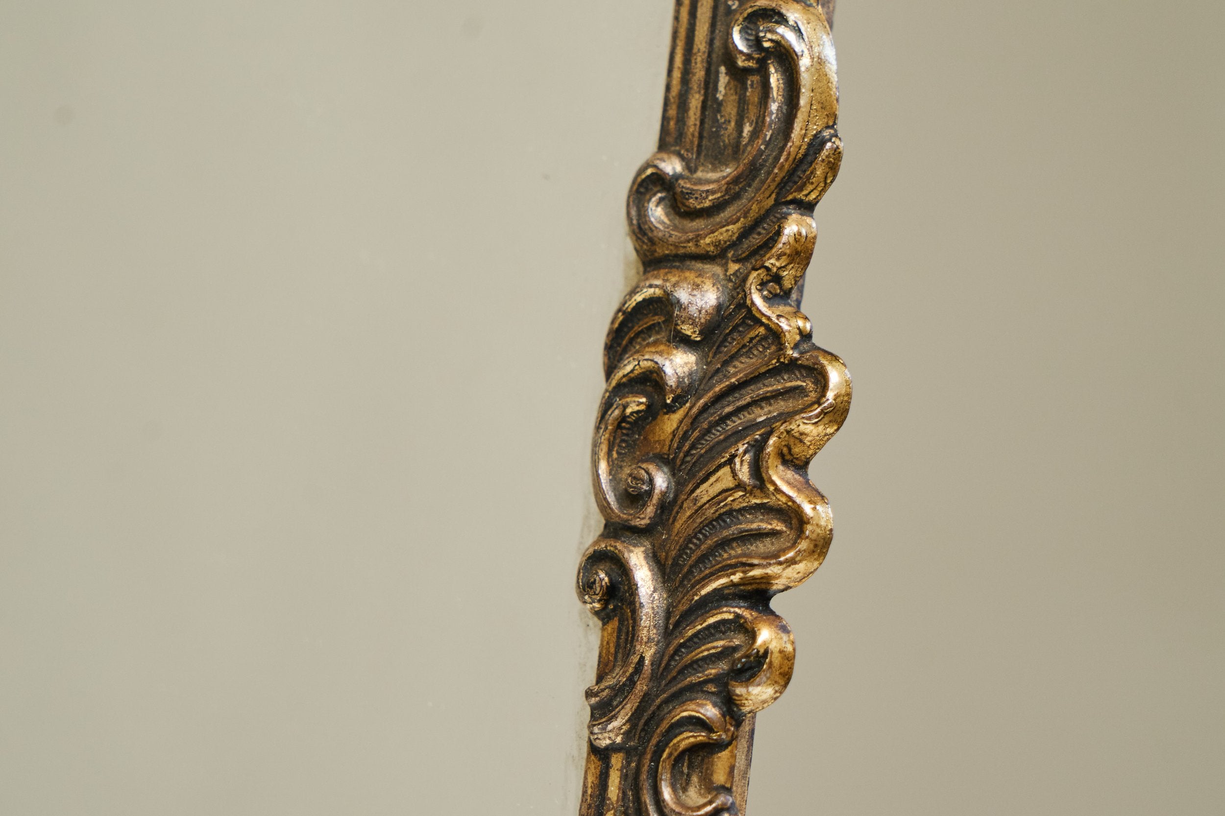 Ornate Italian Table Mirror in Patinated Silver Plated Brass, Mid 20th Century — close-up