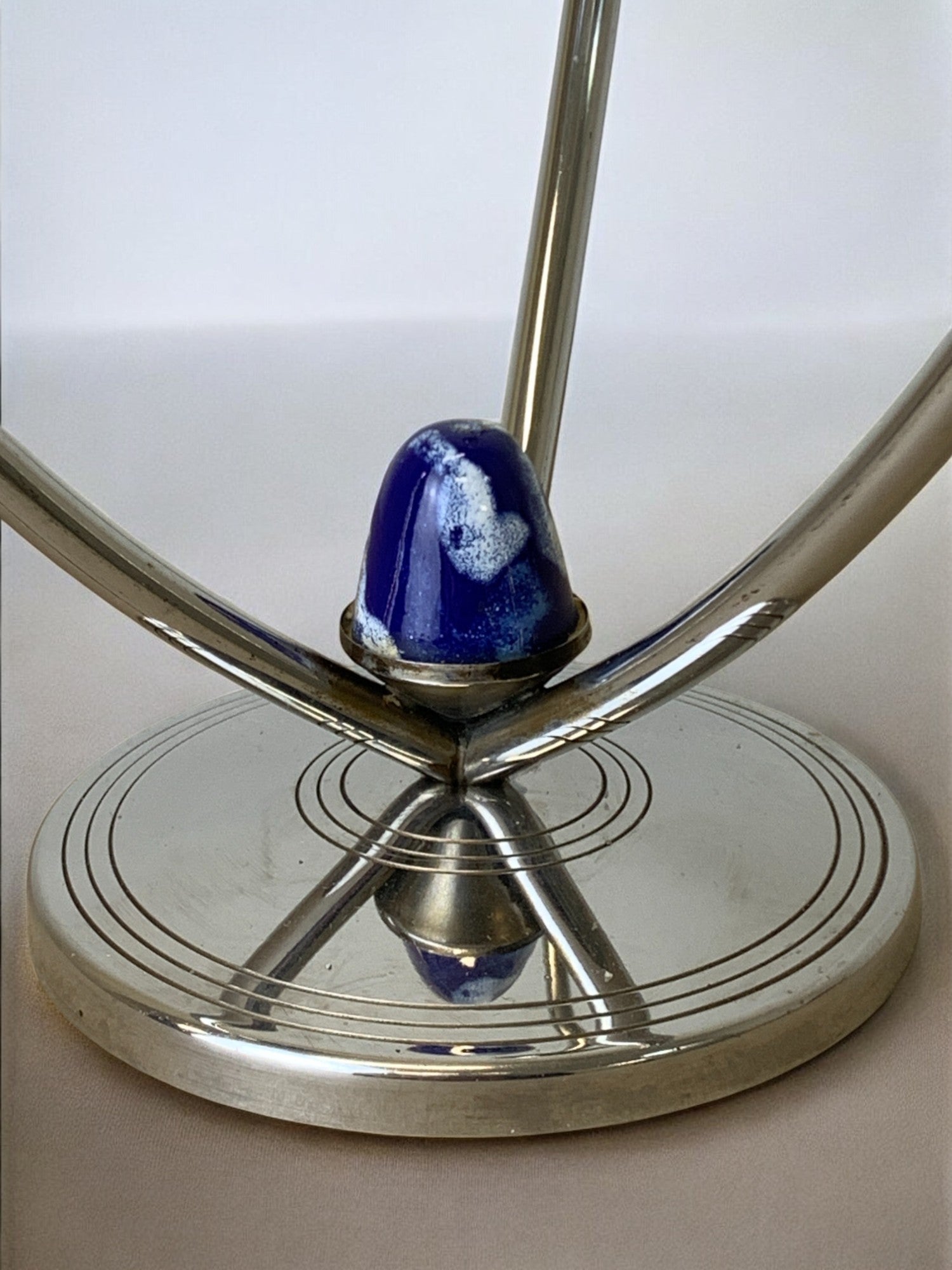 Art Deco Candleholder in Stainless Steel and Blue Stone, Spain, 1970's — side angle highlighting blue stone base