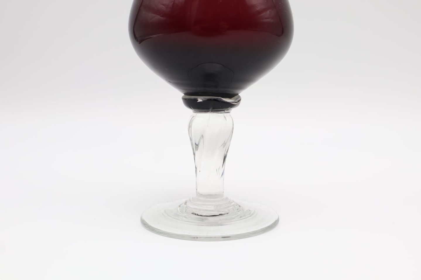 Elegant Mid-Century Eggplant Glass Bud Vase on Clear Pedestal Base (c. 1960) — side angle