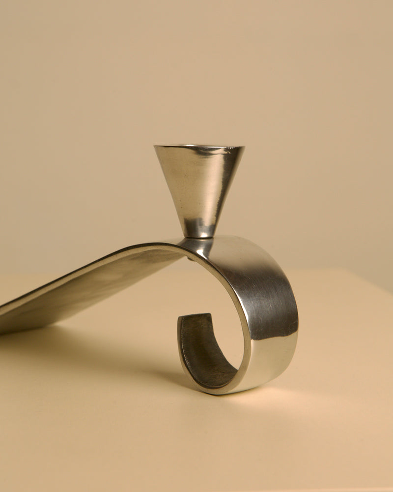 Italian "Wave" Metal Candleholders, 70s — close-up of brushed metal detail