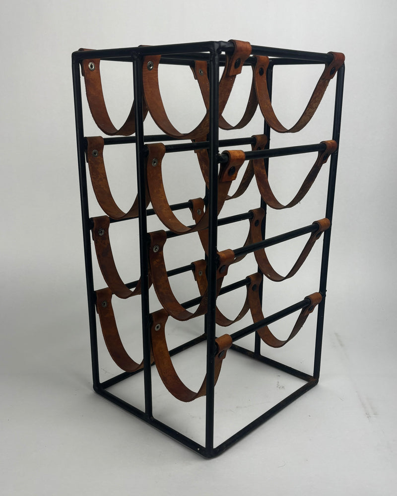 Arthur Umanoff steel wine rack with brown leather cradles