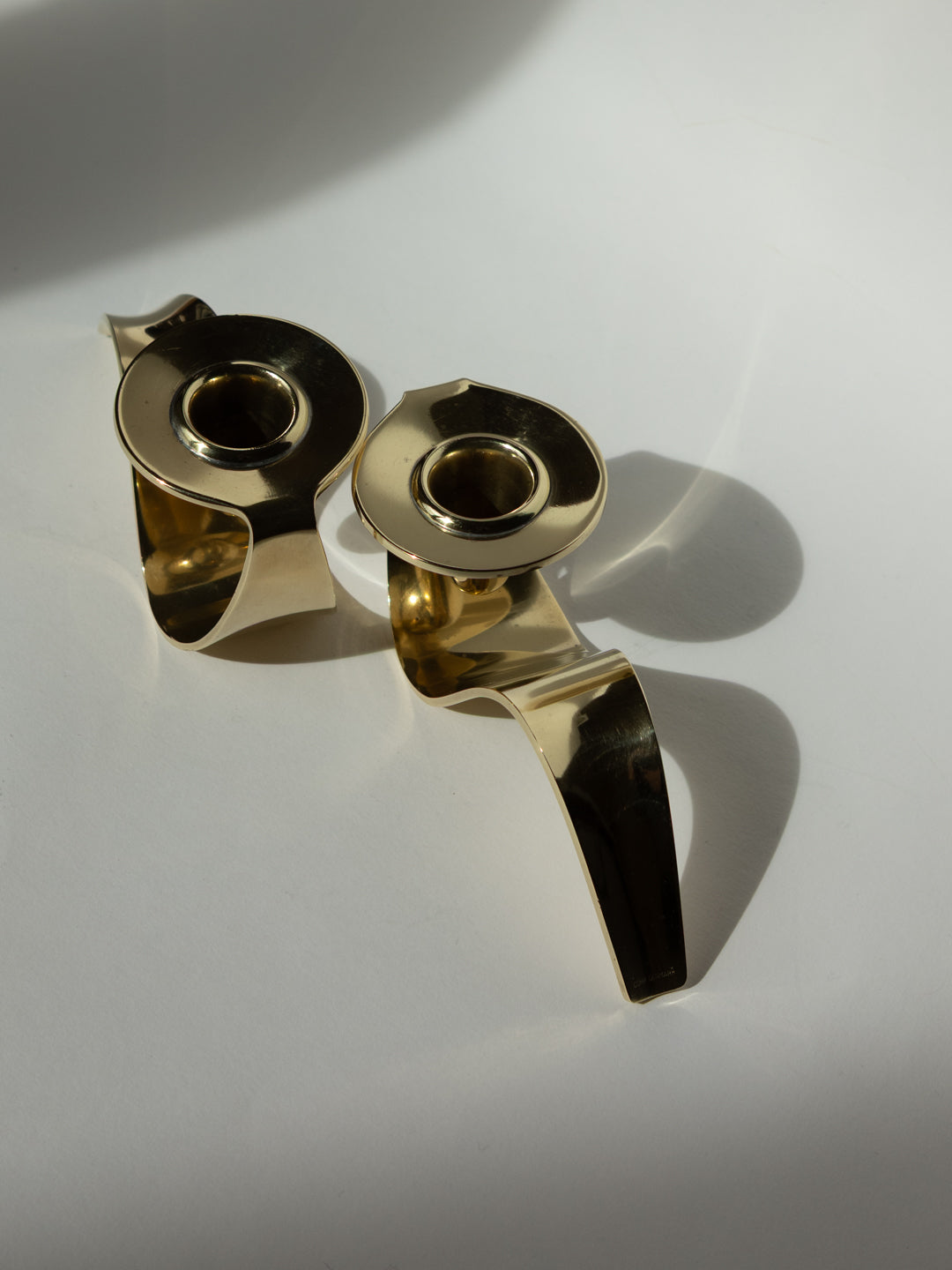 Rare Brass Candle Holders by Carl M. Cohr, Denmark, c. 1960s — side angle showing polished brass finish