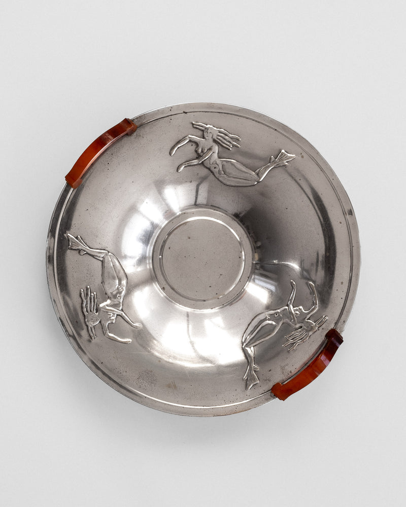 Art Deco silver dish with mermaid motifs and amber handles, 1930s