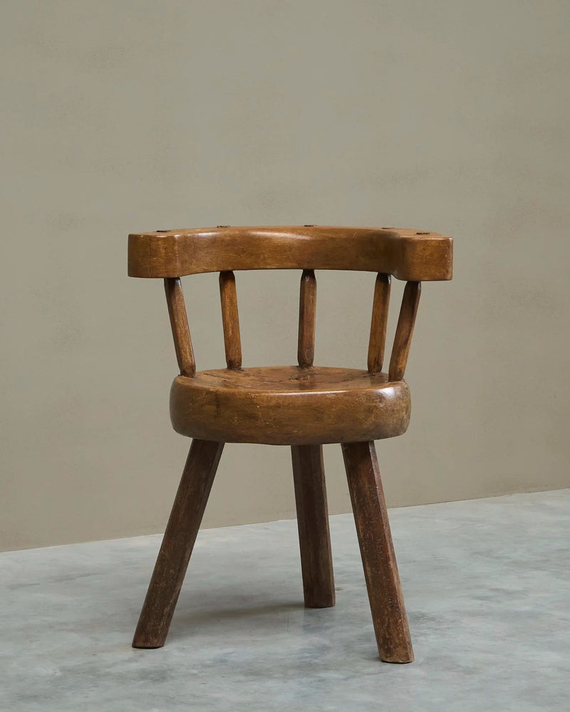 A Sculptural Three-Legged Provincial Vernacular Chair in Heavy Solid Oak France Early 20th Century by ORNAMENTUM