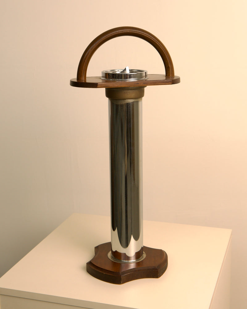 Italian chrome and wood ashtray stand with circular handle 1960s