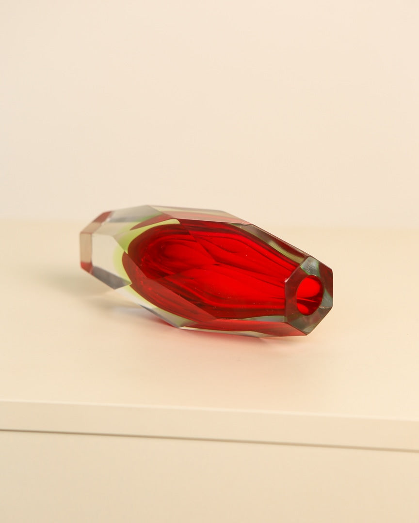Red "Diamond" vase by Flavio Poli for Seguso 80's — side angle showing red glass and clear edges